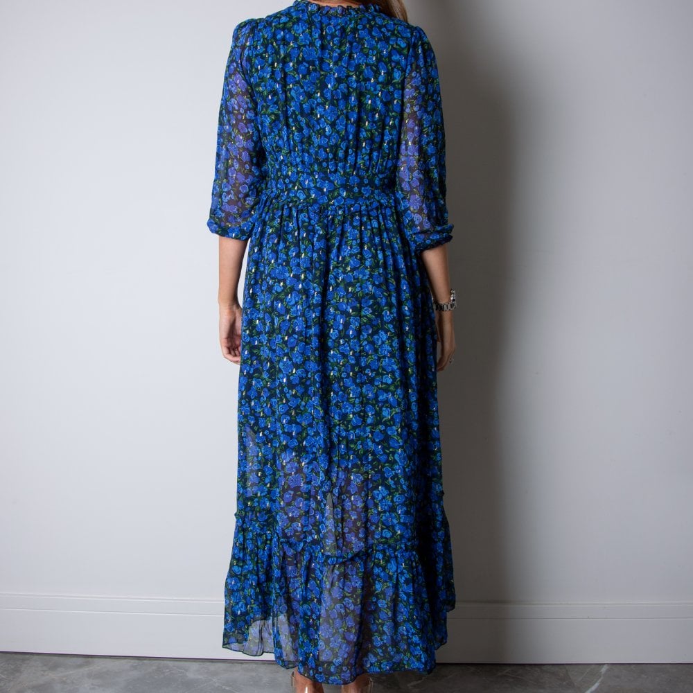 Y London Ruffle Frill Floral Print V Neck Dress Blue/green