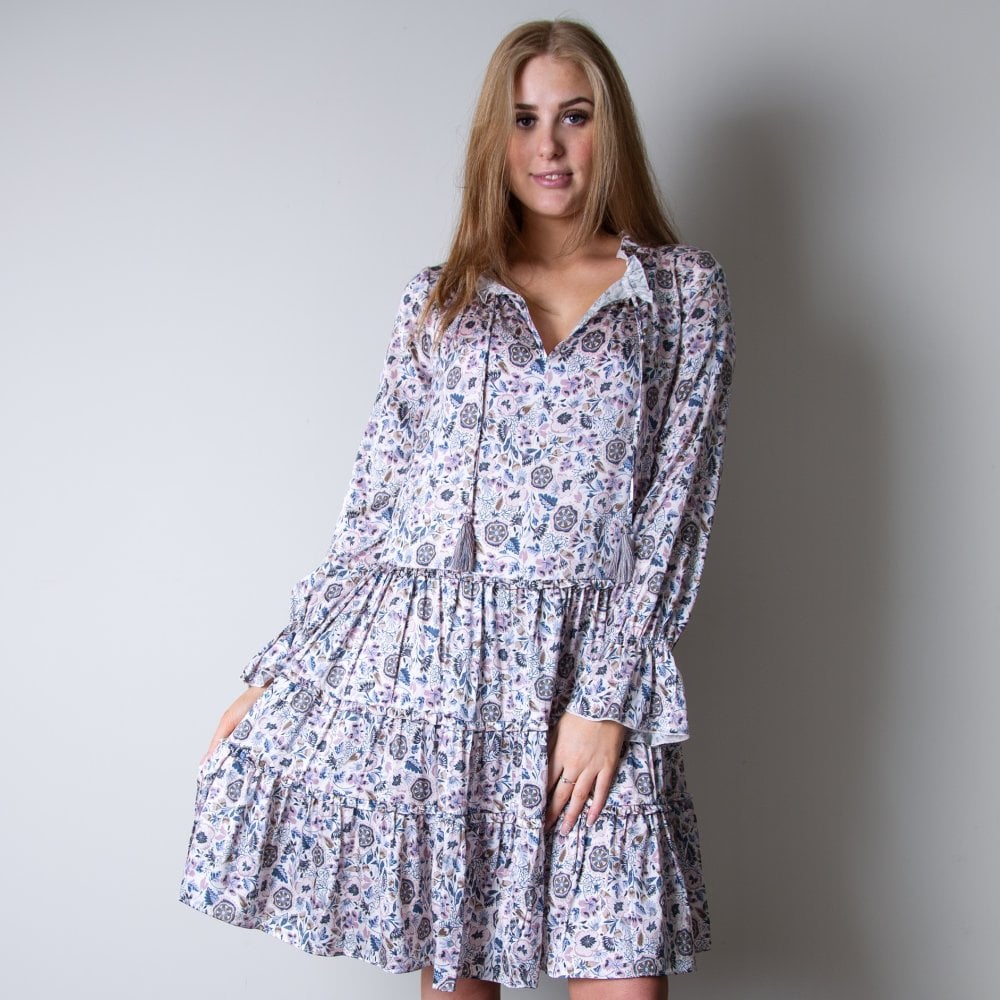 Dea Kudibal Maria Floral Print Tie Neck Tiered Silk Dress White/purple