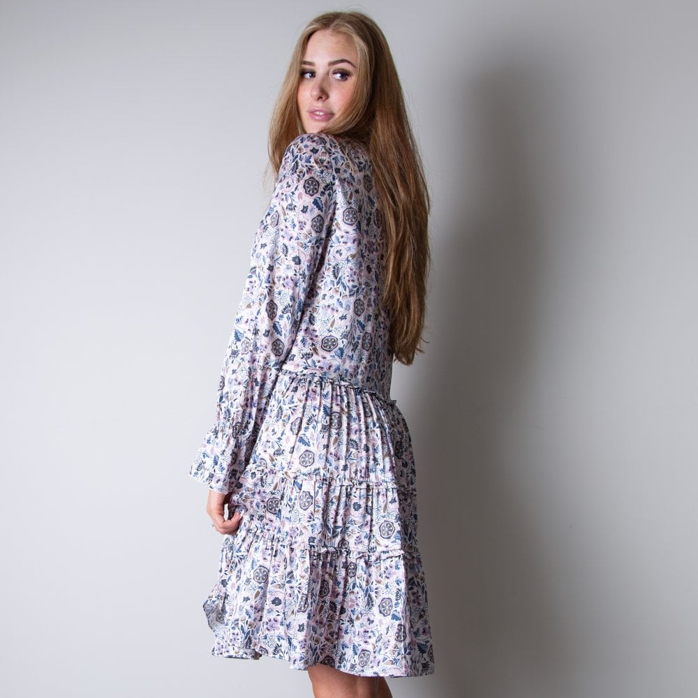 Dea Kudibal Maria Floral Print Tie Neck Tiered Silk Dress White/purple