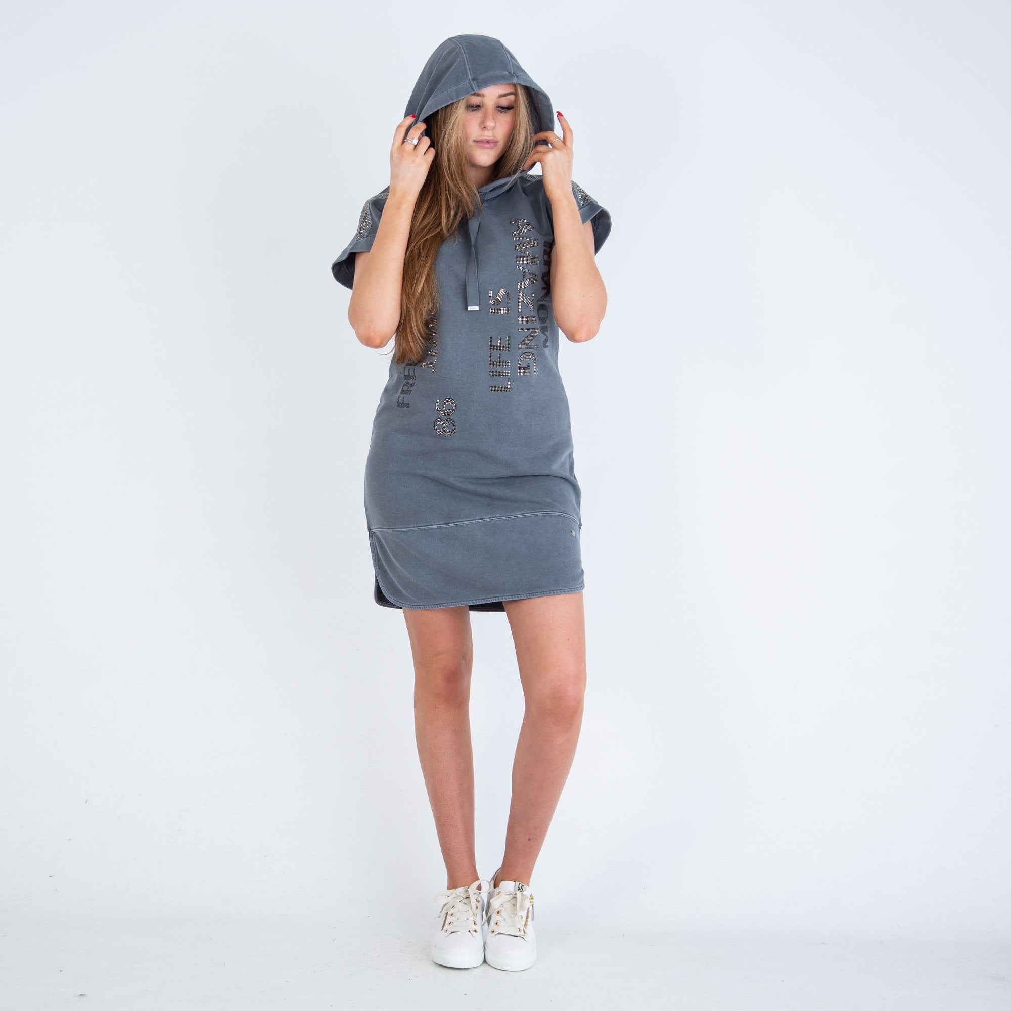 Monari Short Sleeve Hooded Sweater Dress With Sparkle Denim Blue