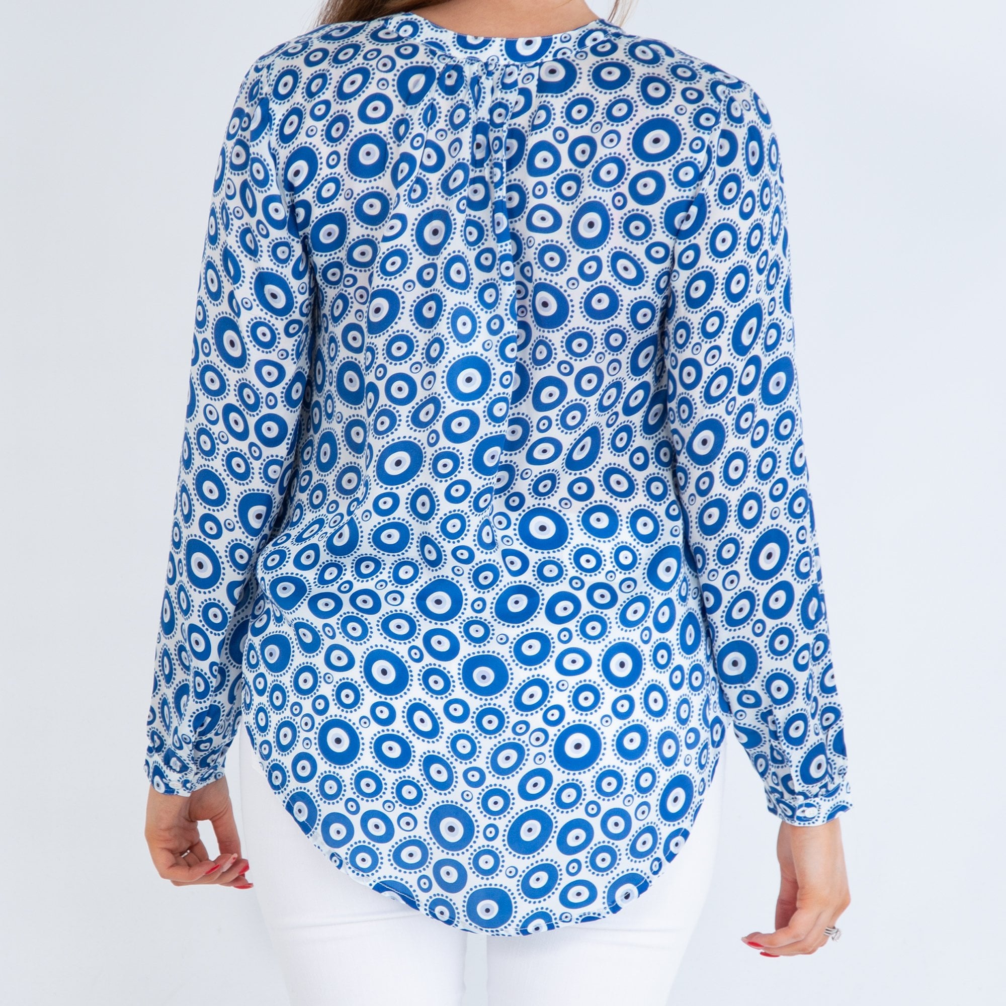 Primrose Park Sandy Evil Eye Print Split Neck Blouse Blue/white