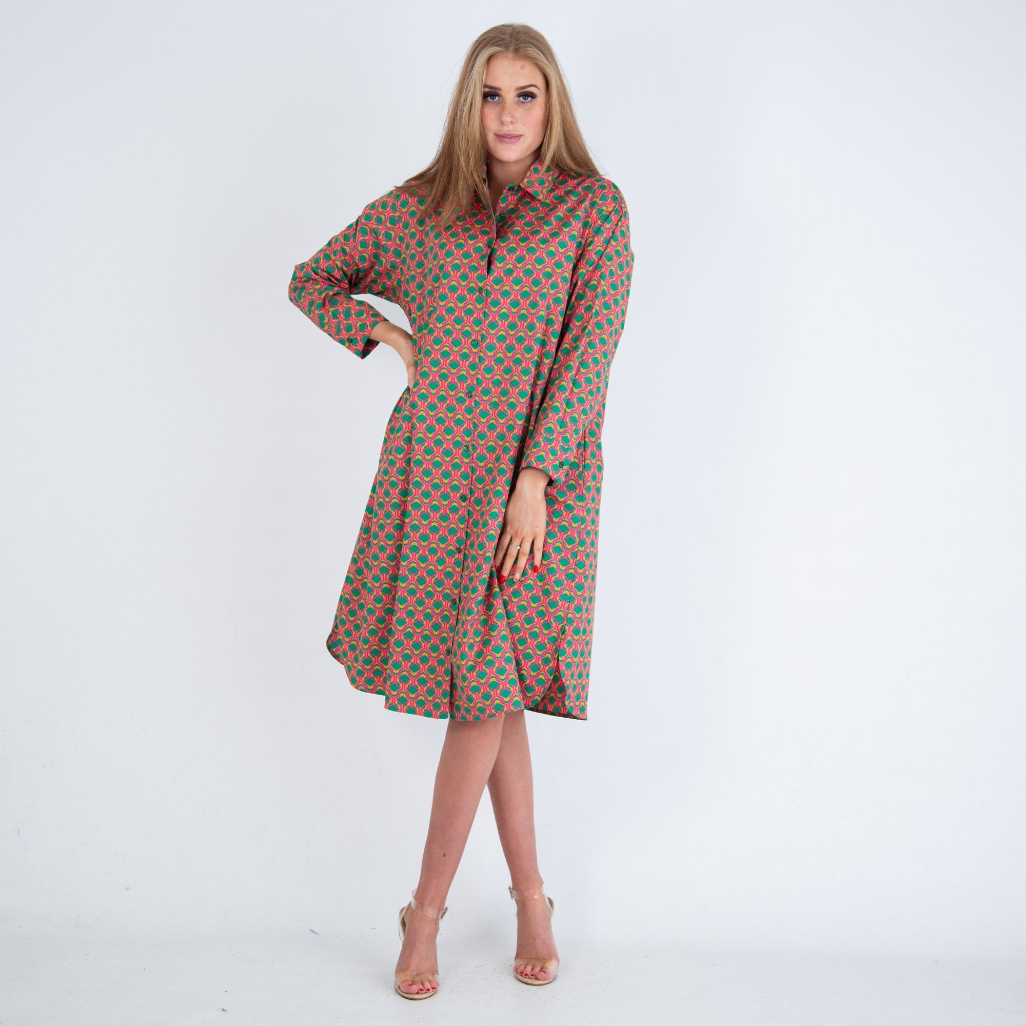 Weekend By Maxmara Hilde Cotton Abstract Print Tie Waist Shirt Dress Orange/green