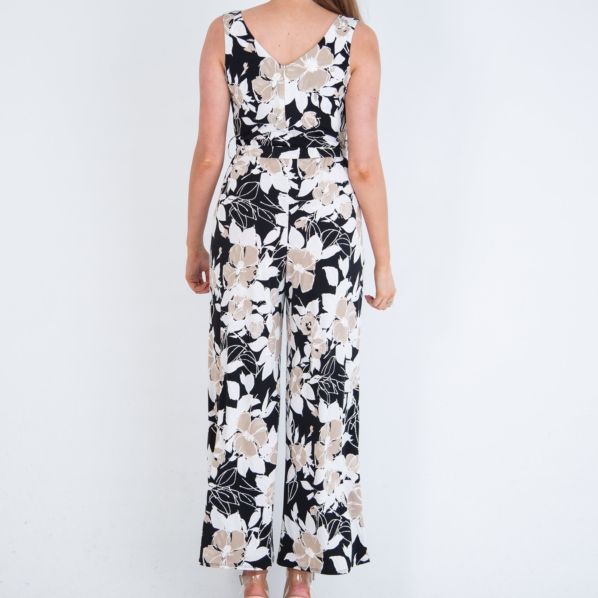Allison Designs Sleeveless Flower Print Tie Waist Jumpsuit Black/beige