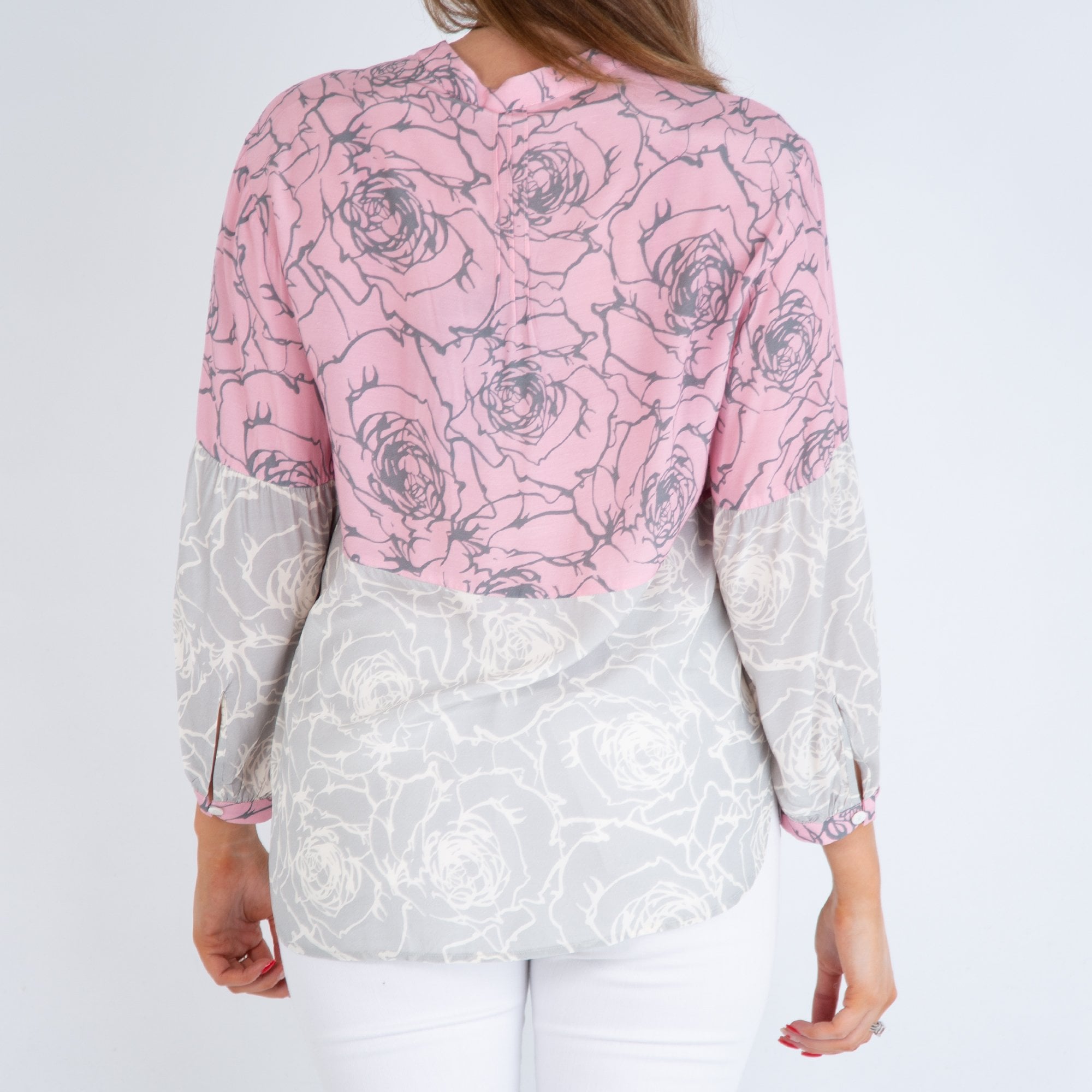 Eve In Paradise Kerstin Colour Bloc Rose Print Blouse Pink/grey
