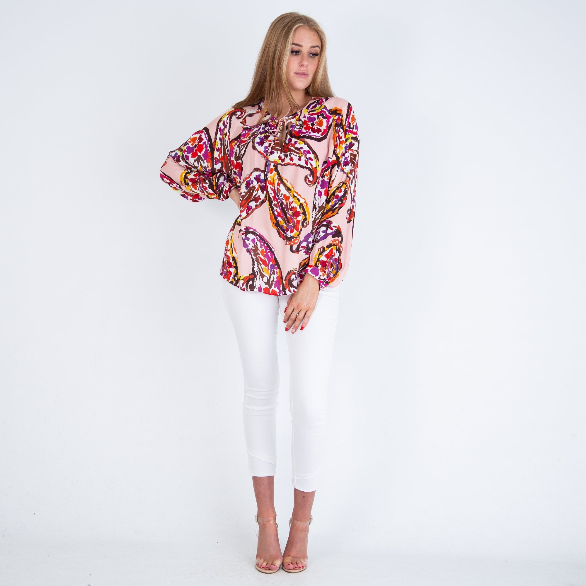 Milano Italy Blown Paisley Print Split Neck Blouse Pink Multi