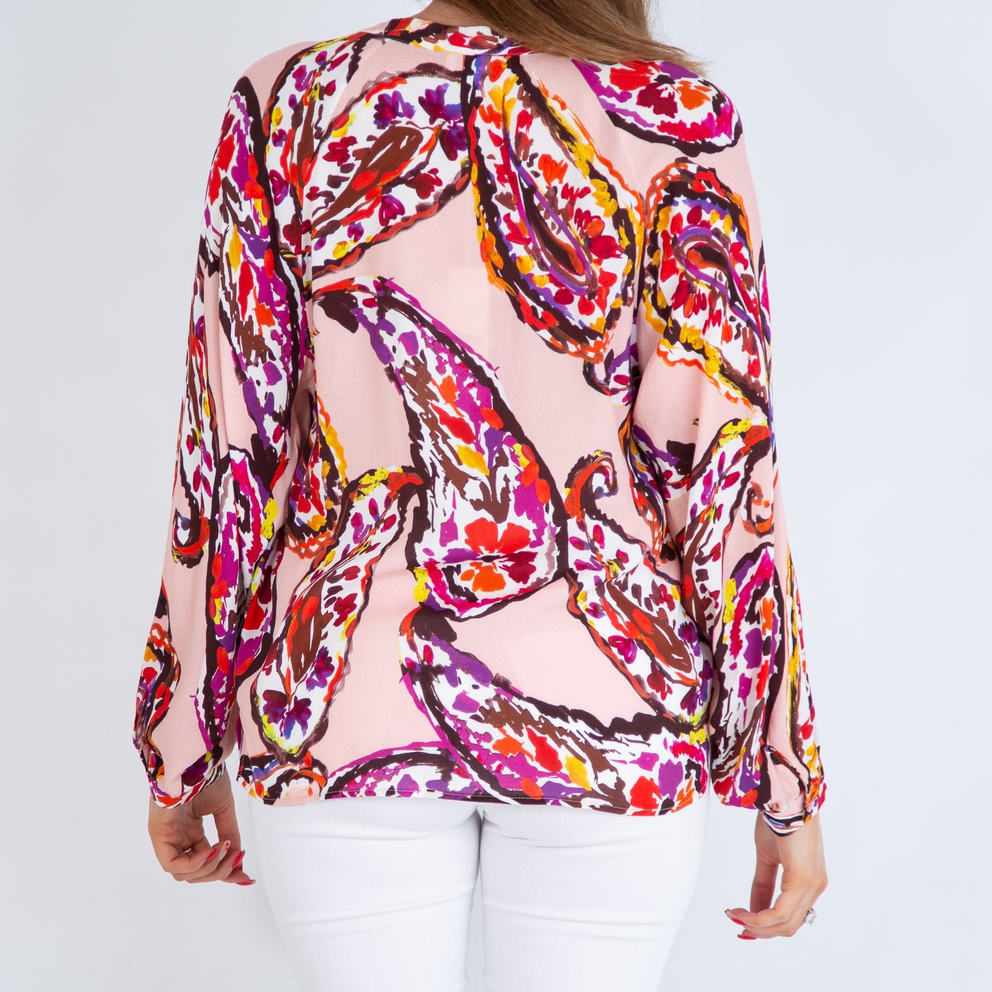 Milano Italy Blown Paisley Print Split Neck Blouse Pink Multi