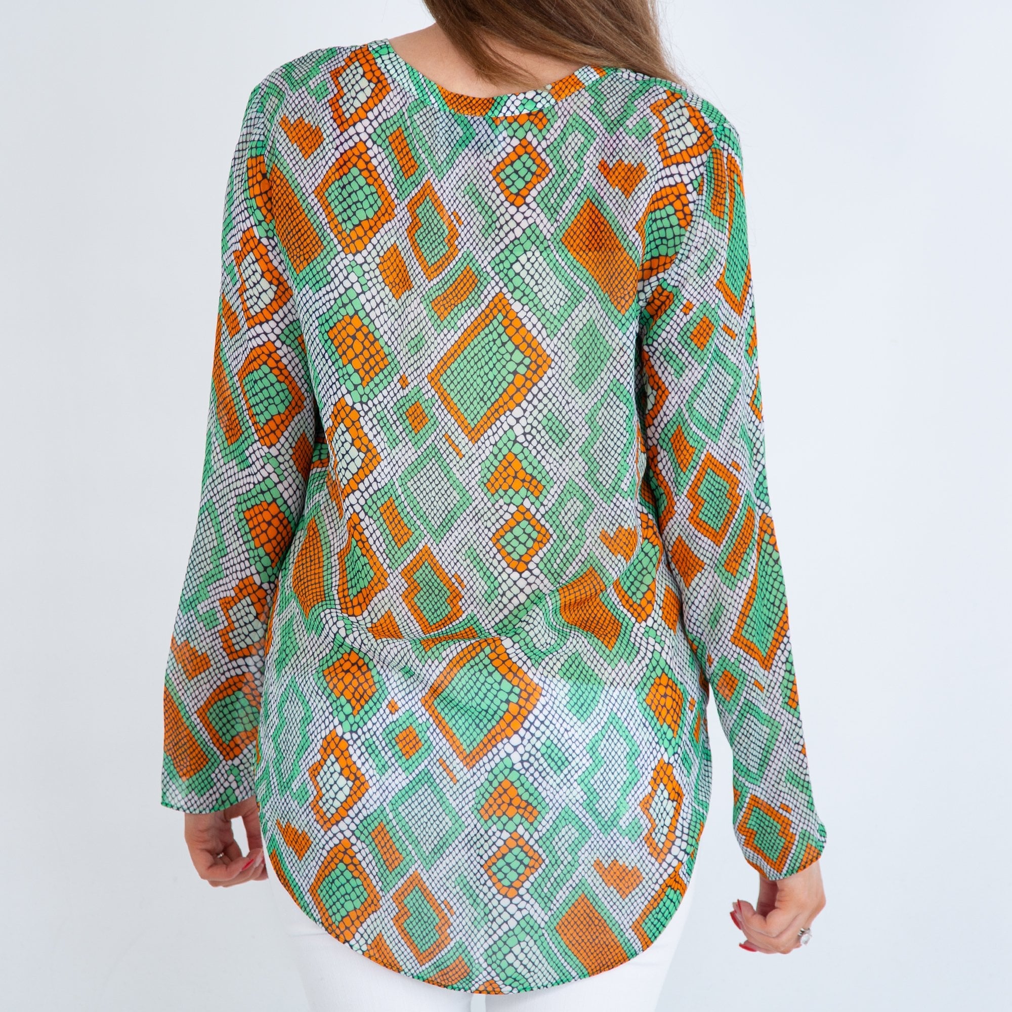 Herzens Angelegenheit Split Neck Snake Print Blouse Orange/green