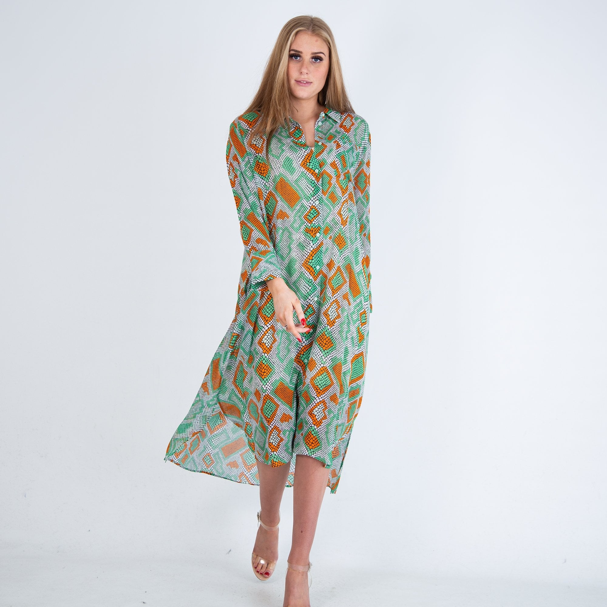 Herzens Angelegenheit Long Snake Print Shirt Dress Green/orange