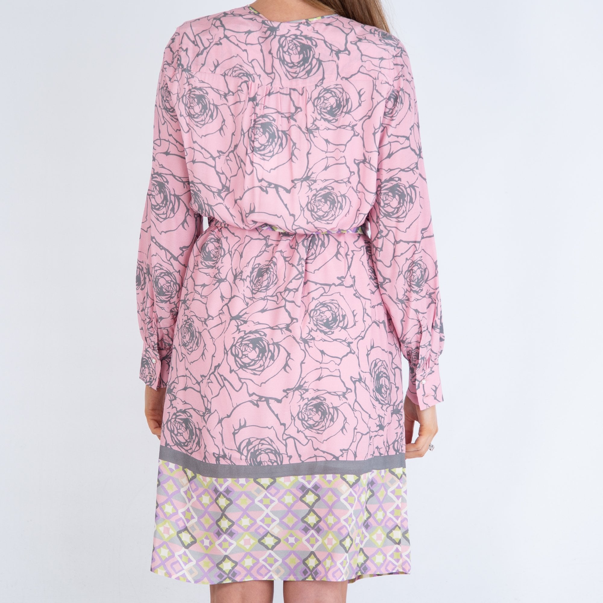 Eve In Paradise Katharina Rose Print Dress With Keyhole Neck Pink/grey