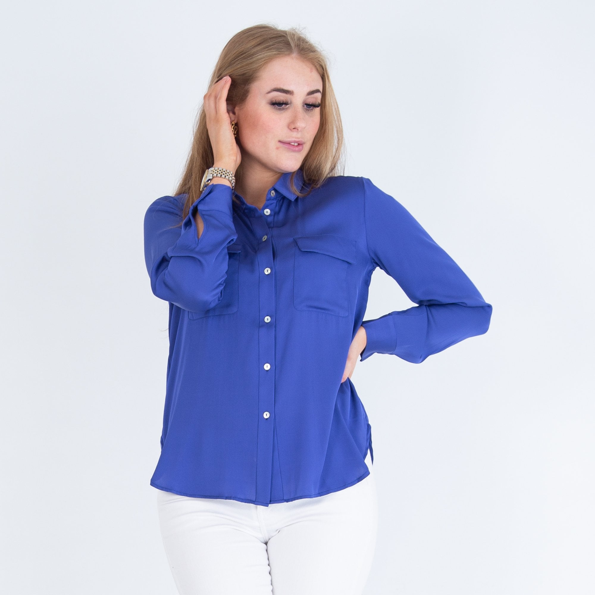 Silk95 Monte Carlo Pocket Front Silk Blouse Royal Blue