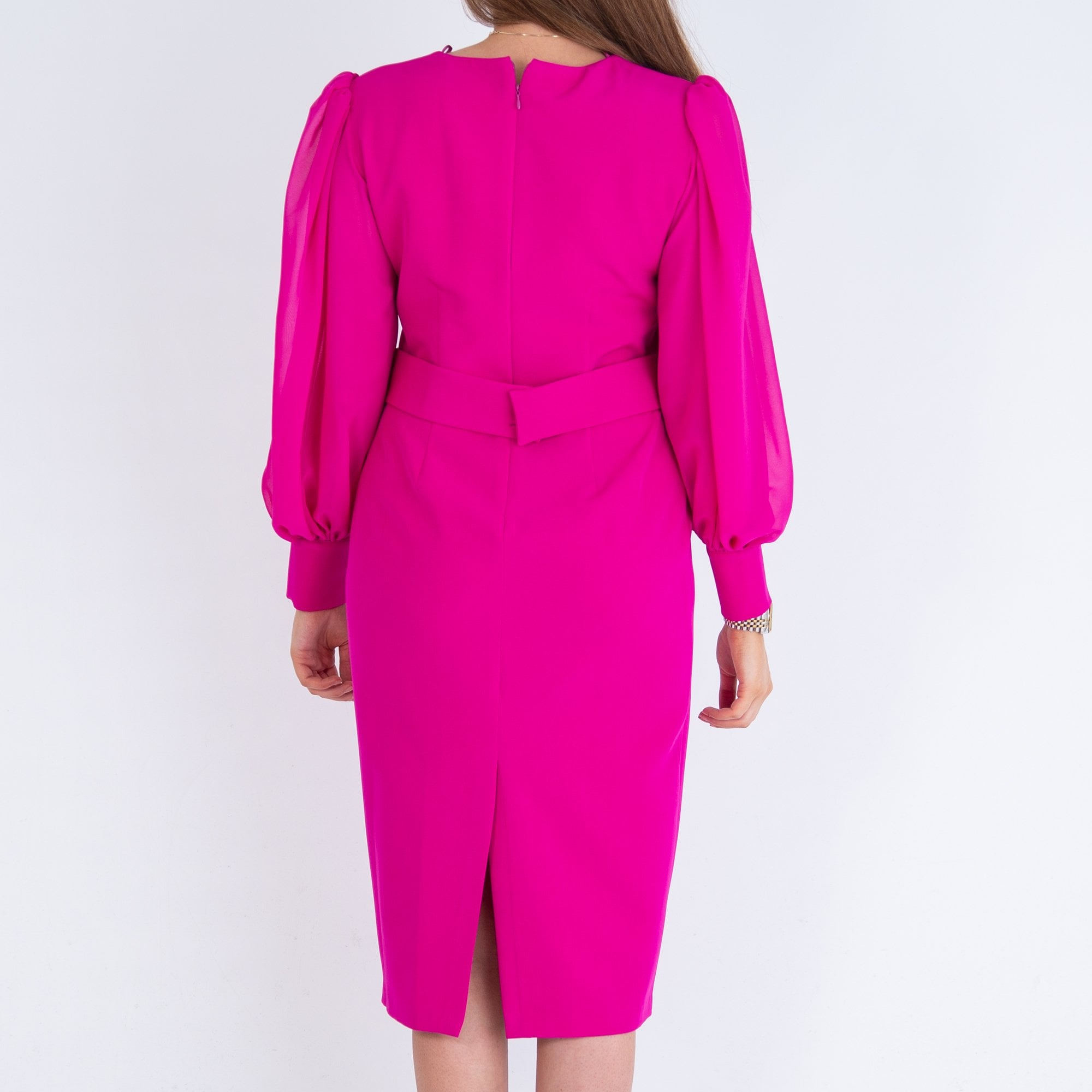 Bariloche Beas V Neck Belted Dress With Chiffon Balloon Sleeve Magenta