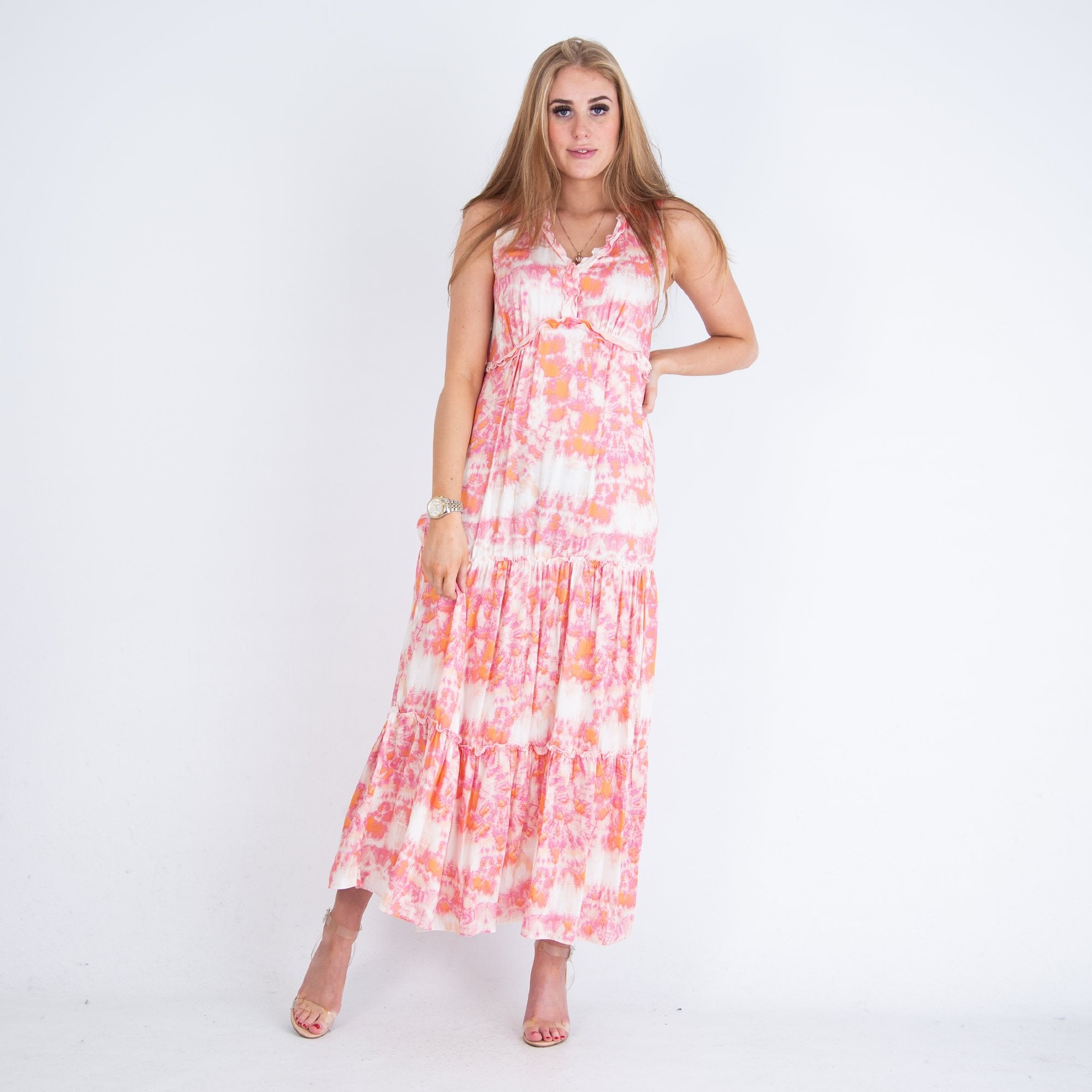 Bariloche Ragol Tie Dye Tiered Ruffle Sleeveless Maxi Dress Orange/cream