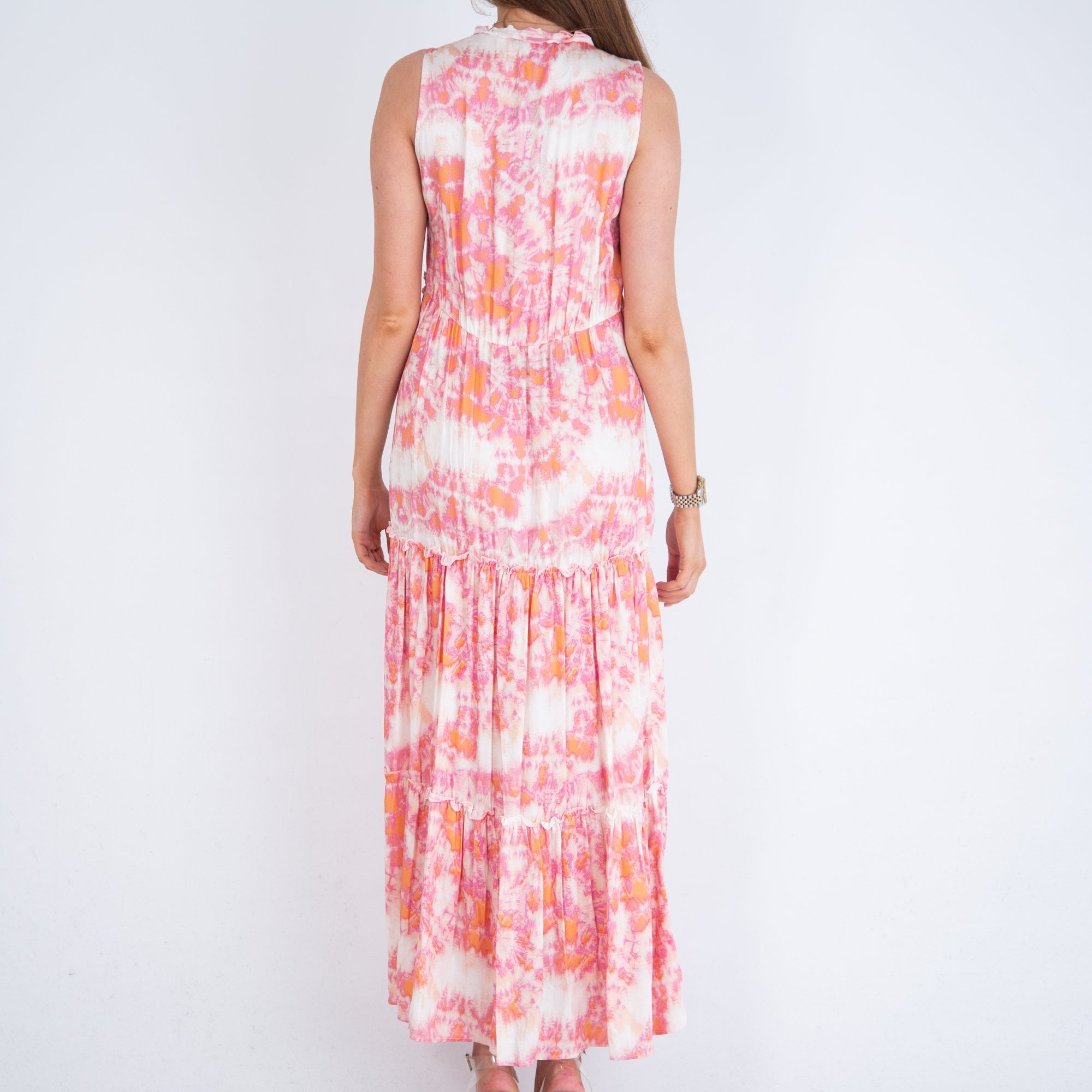 Bariloche Ragol Tie Dye Tiered Ruffle Sleeveless Maxi Dress Orange/cream