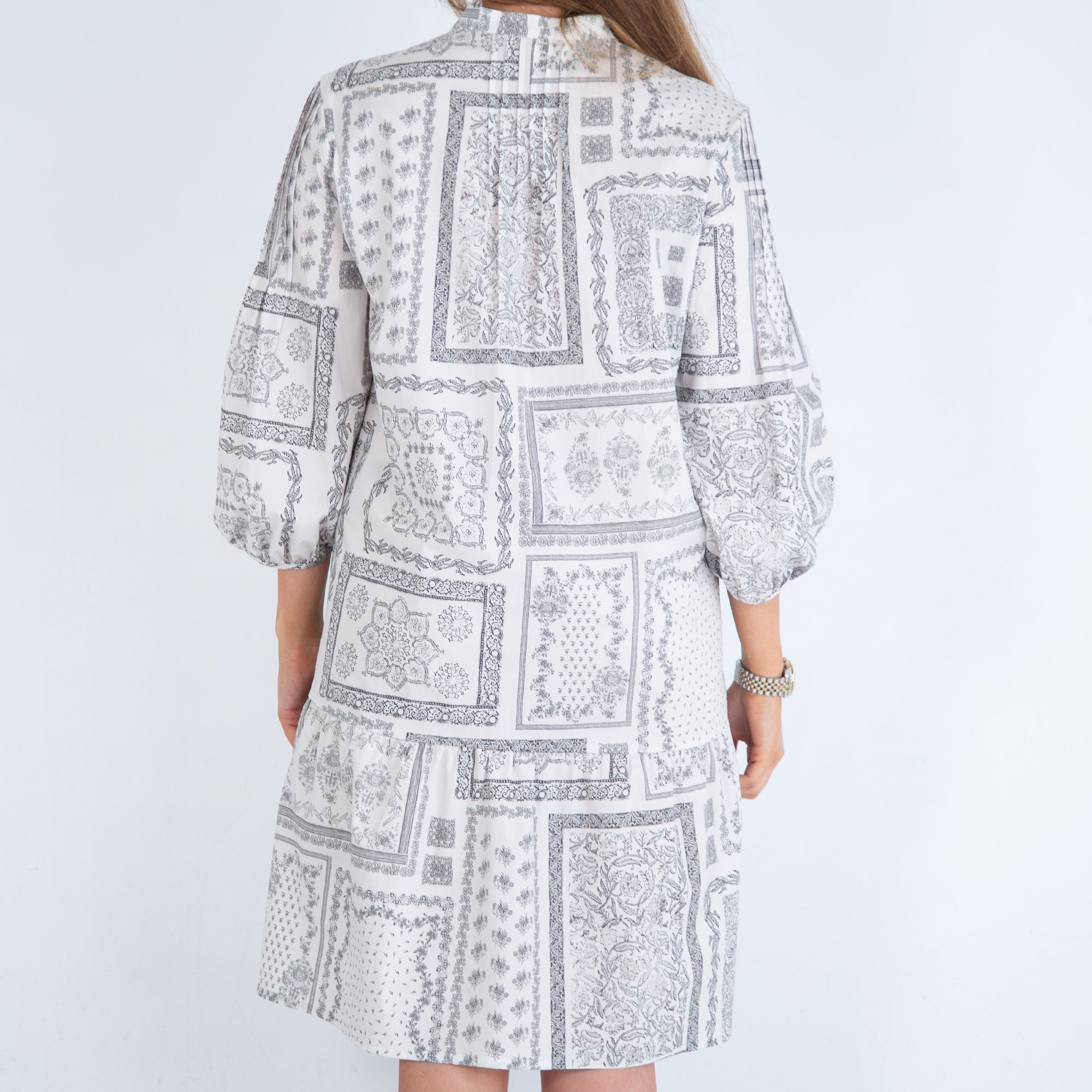 Luisa Cerano Tile Print Cotton Tiered Hem Dress White/grey