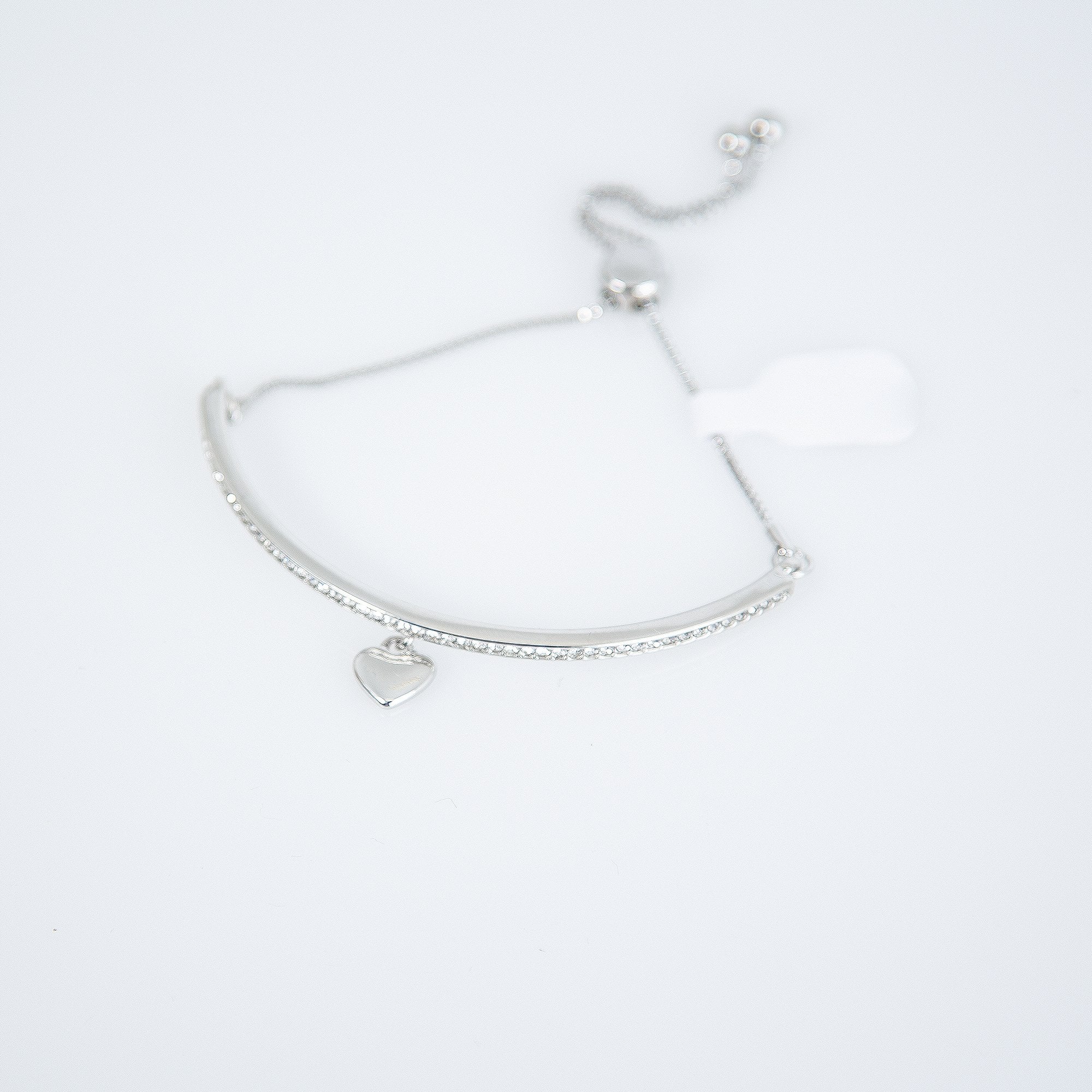 D&x London C Shape Diamonte Bangle With Heart Pendant Silver