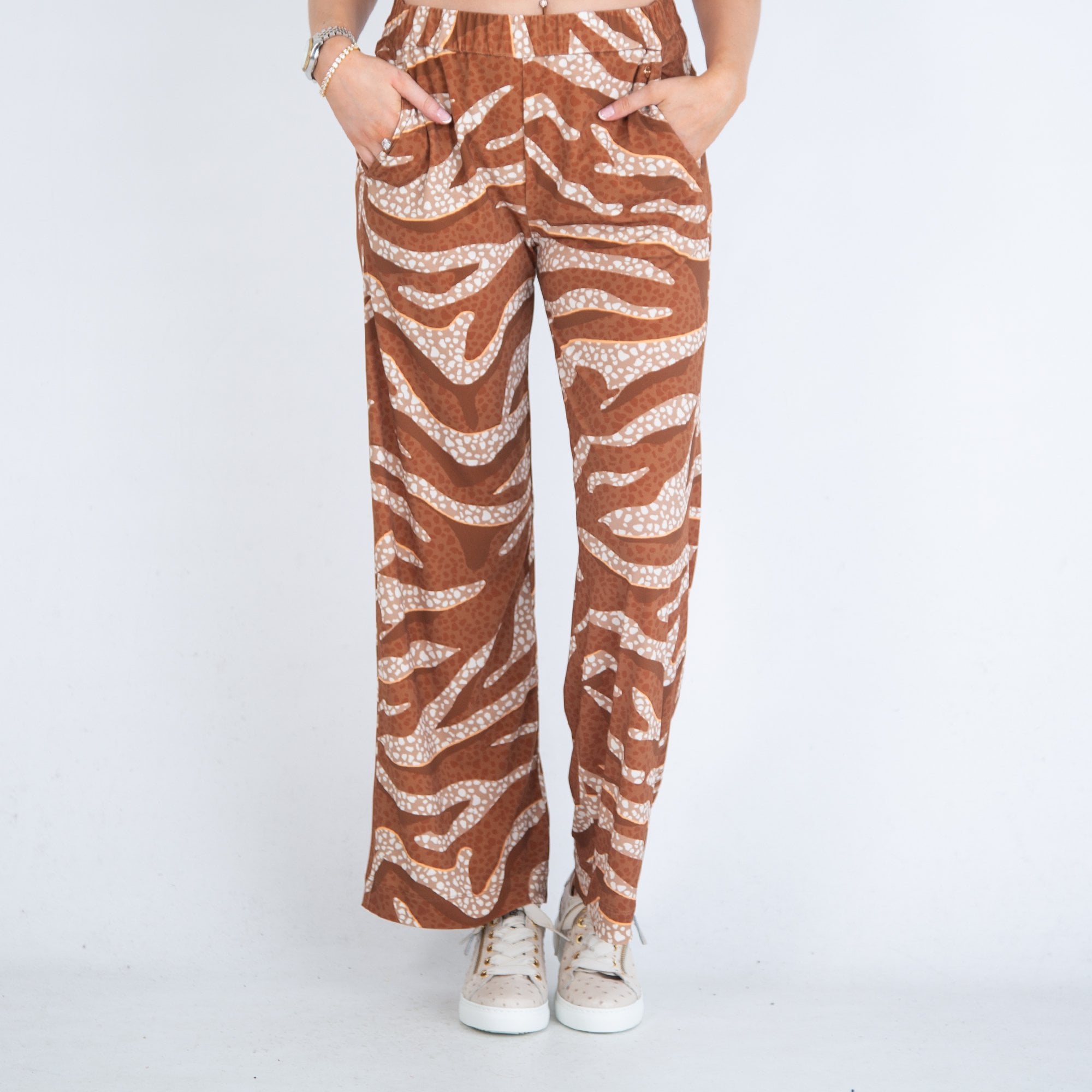 Marc Cain Animal Print Elastic Waist Palazzo Pant Toffee