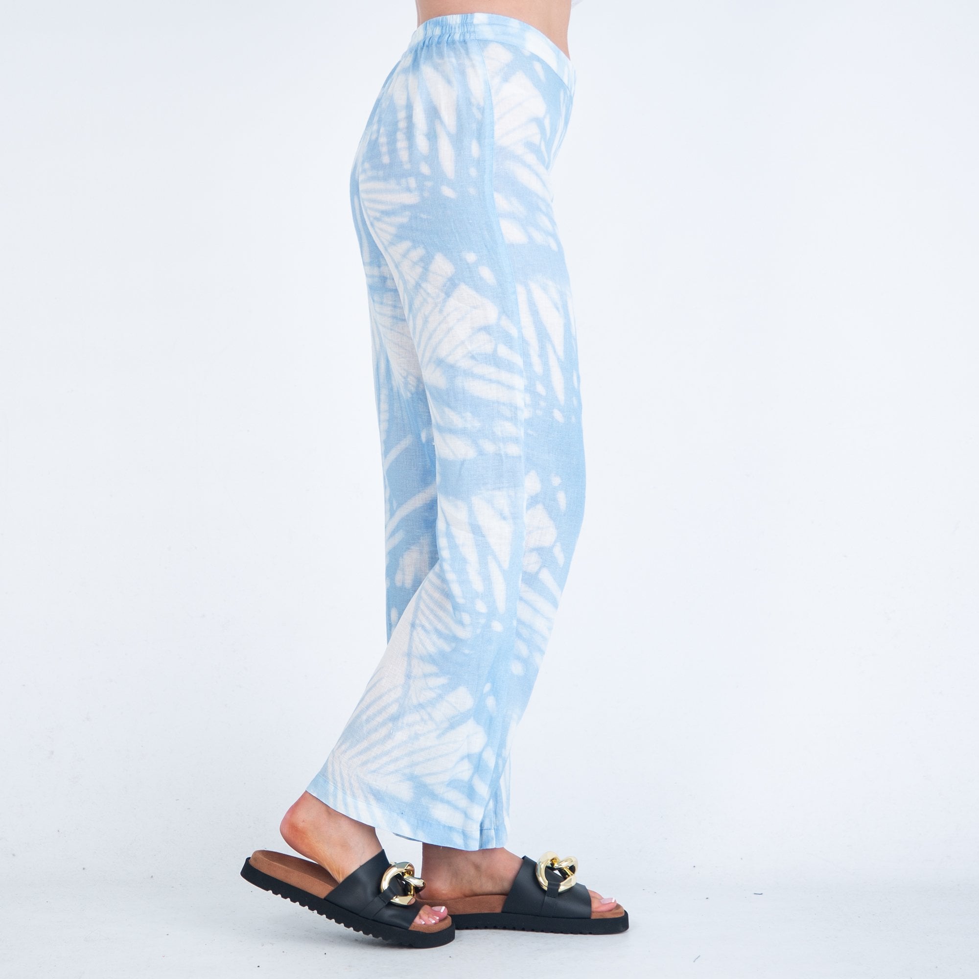 120% Lino Tropical Print Tie Dye Palazzo Pant Blue/white