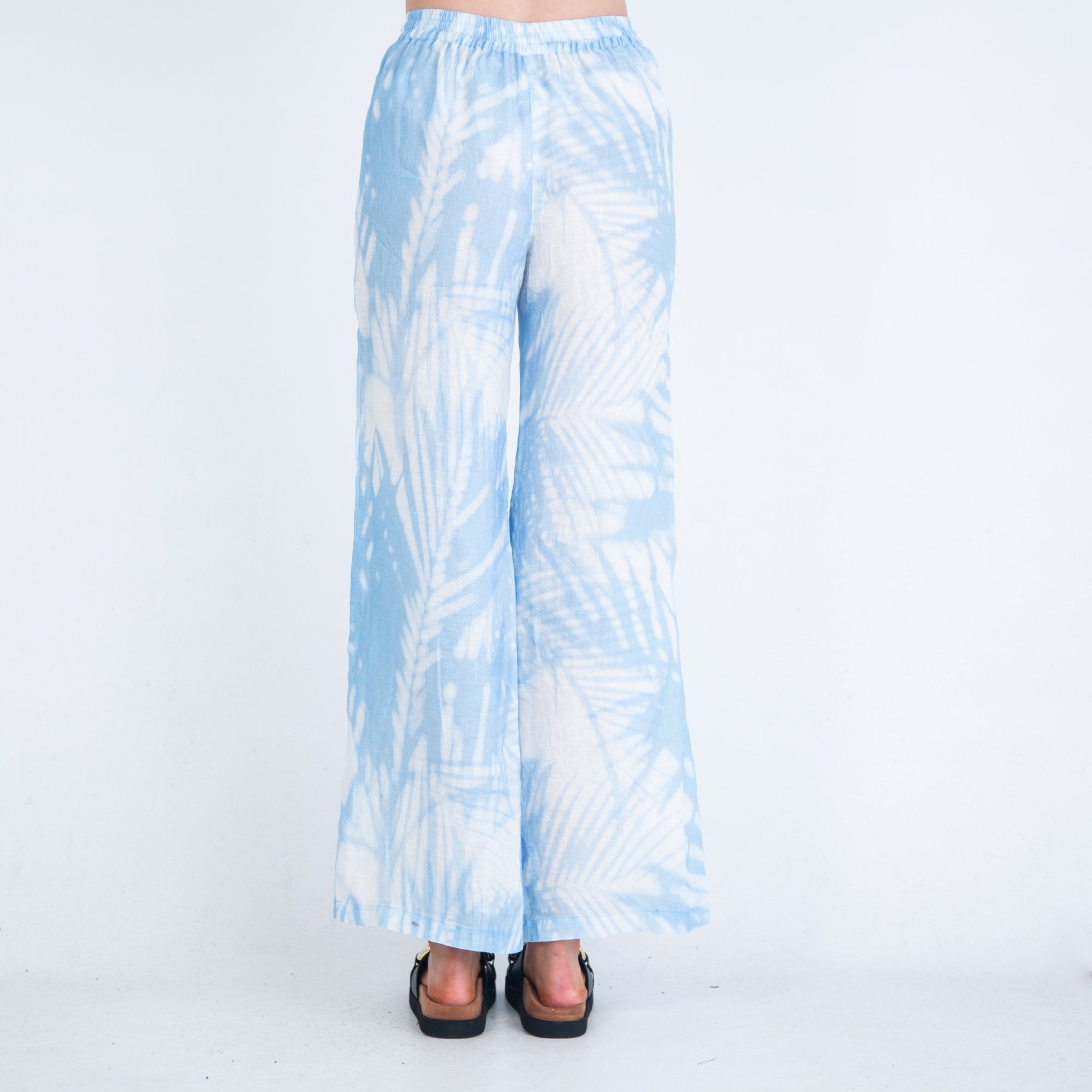 120% Lino Tropical Print Tie Dye Palazzo Pant Blue/white