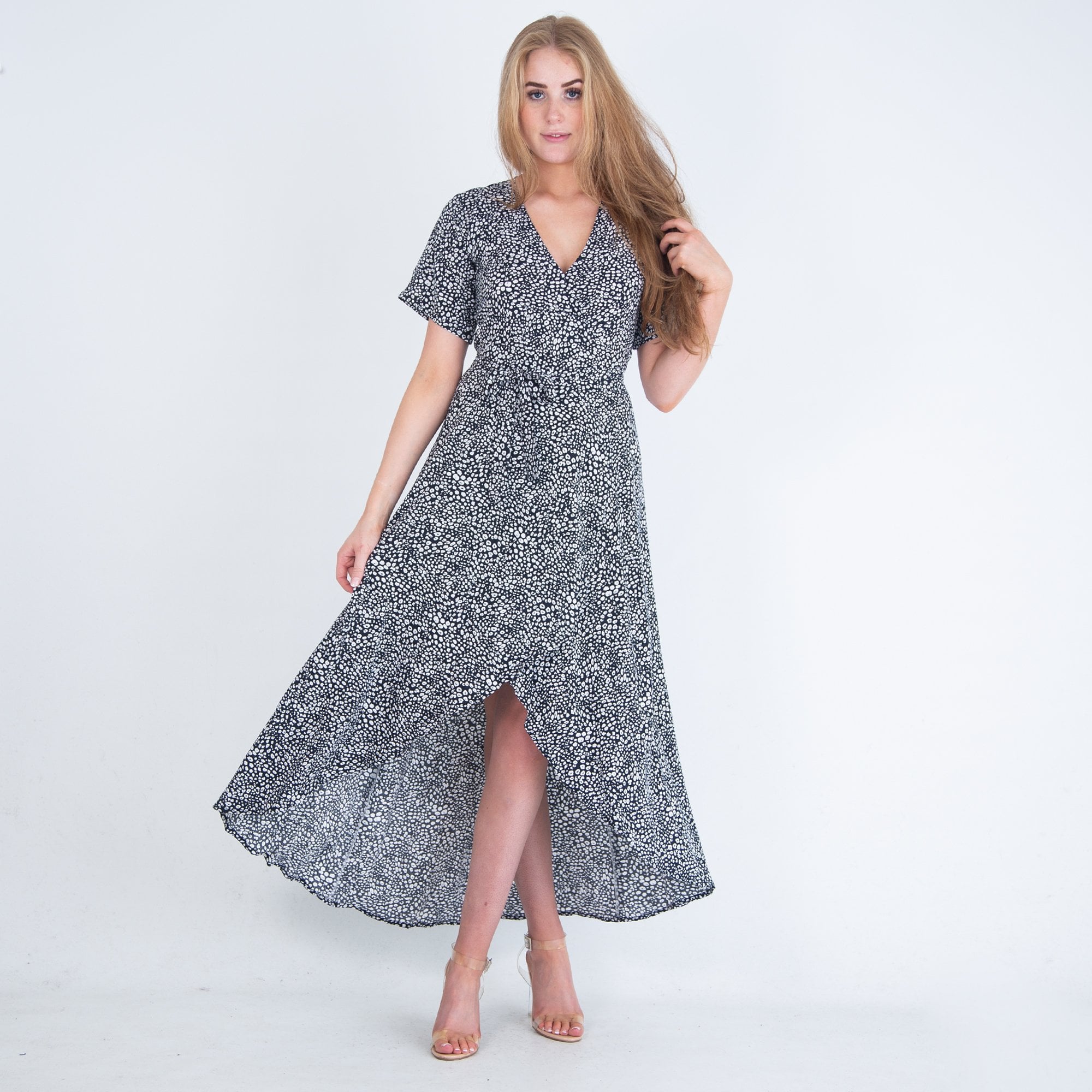 Neon Star Speckled Print Tie Maxi Wrap Dress Black/white