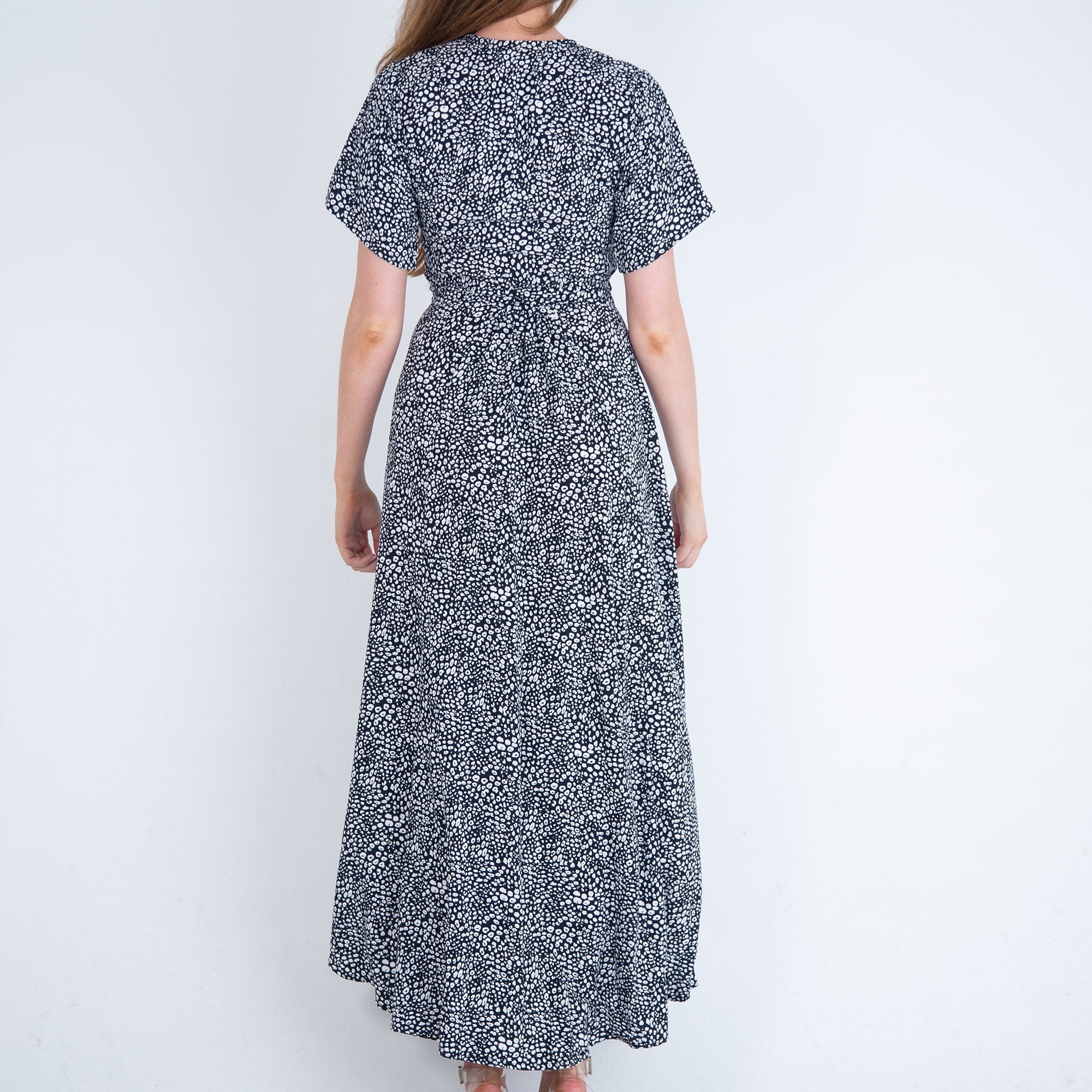 Neon Star Speckled Print Tie Maxi Wrap Dress Black/white