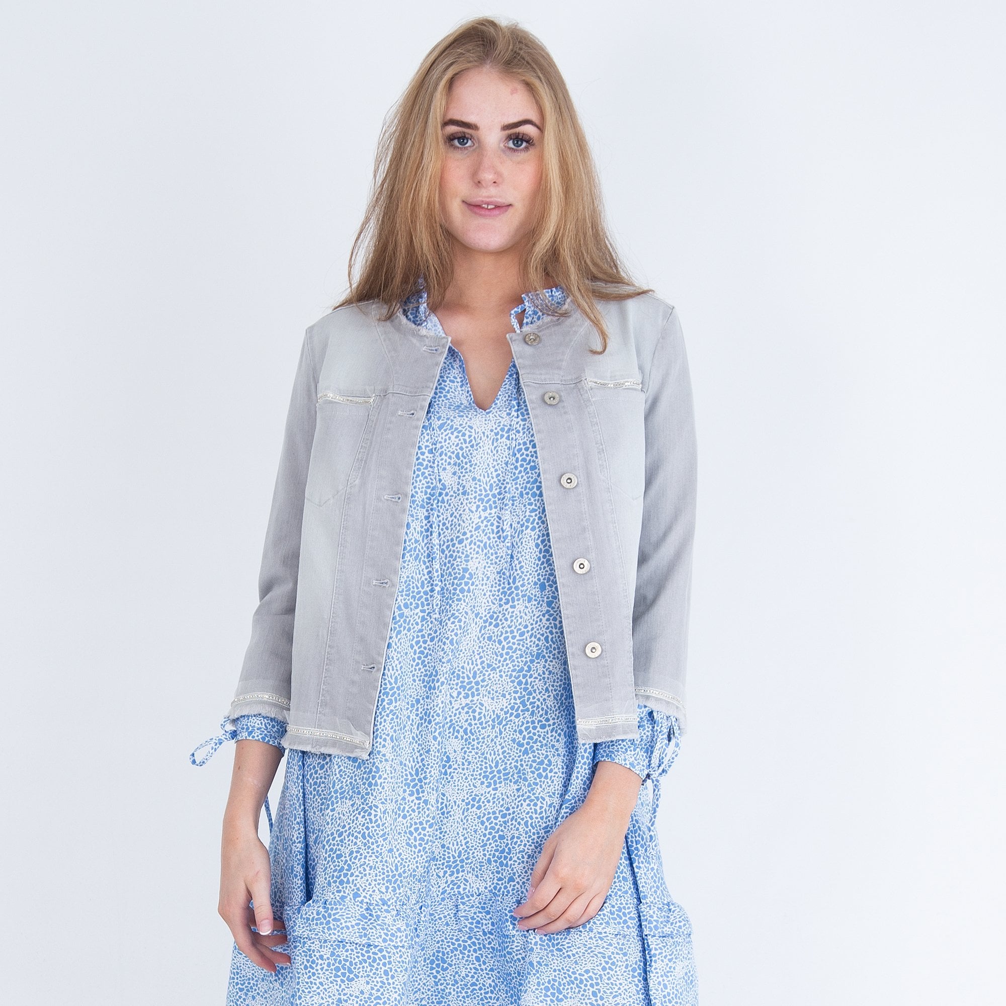 Scotch & Soda Pebble Print Frill Neck Dress With Tiered Hem Blue/white