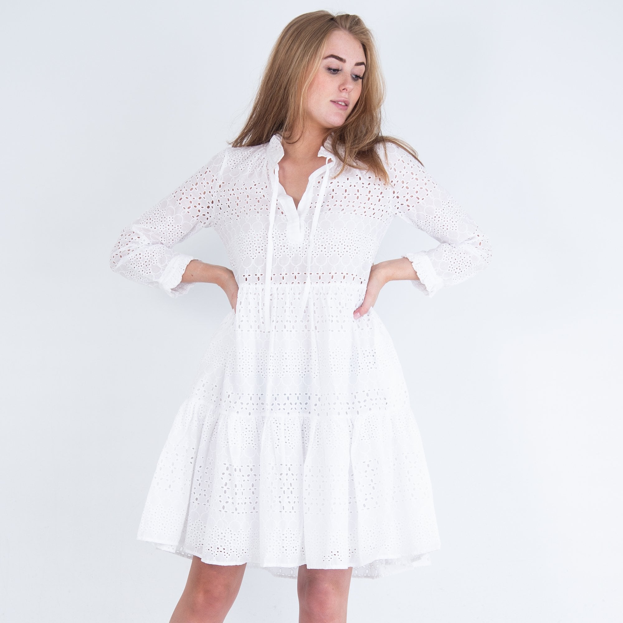 0039 Italy Milly Long Sleeve Lace Cutwork Tiered Dress White