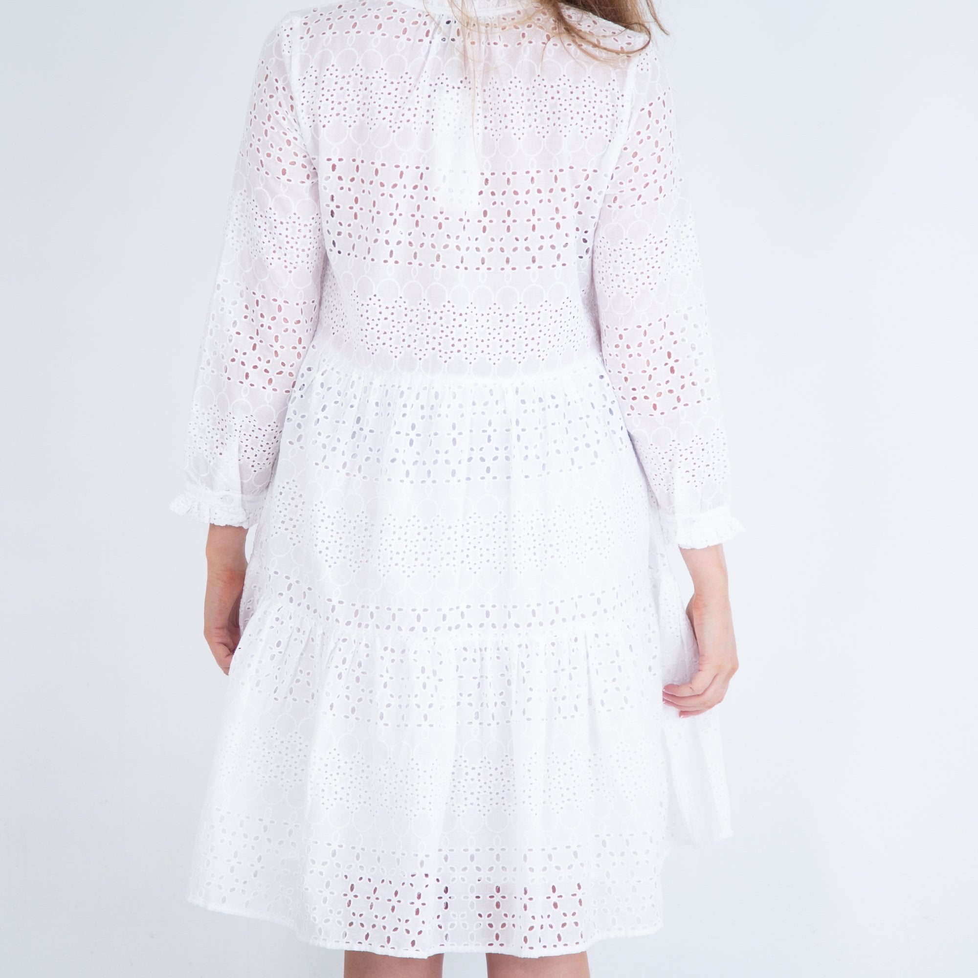 0039 Italy Milly Long Sleeve Lace Cutwork Tiered Dress White