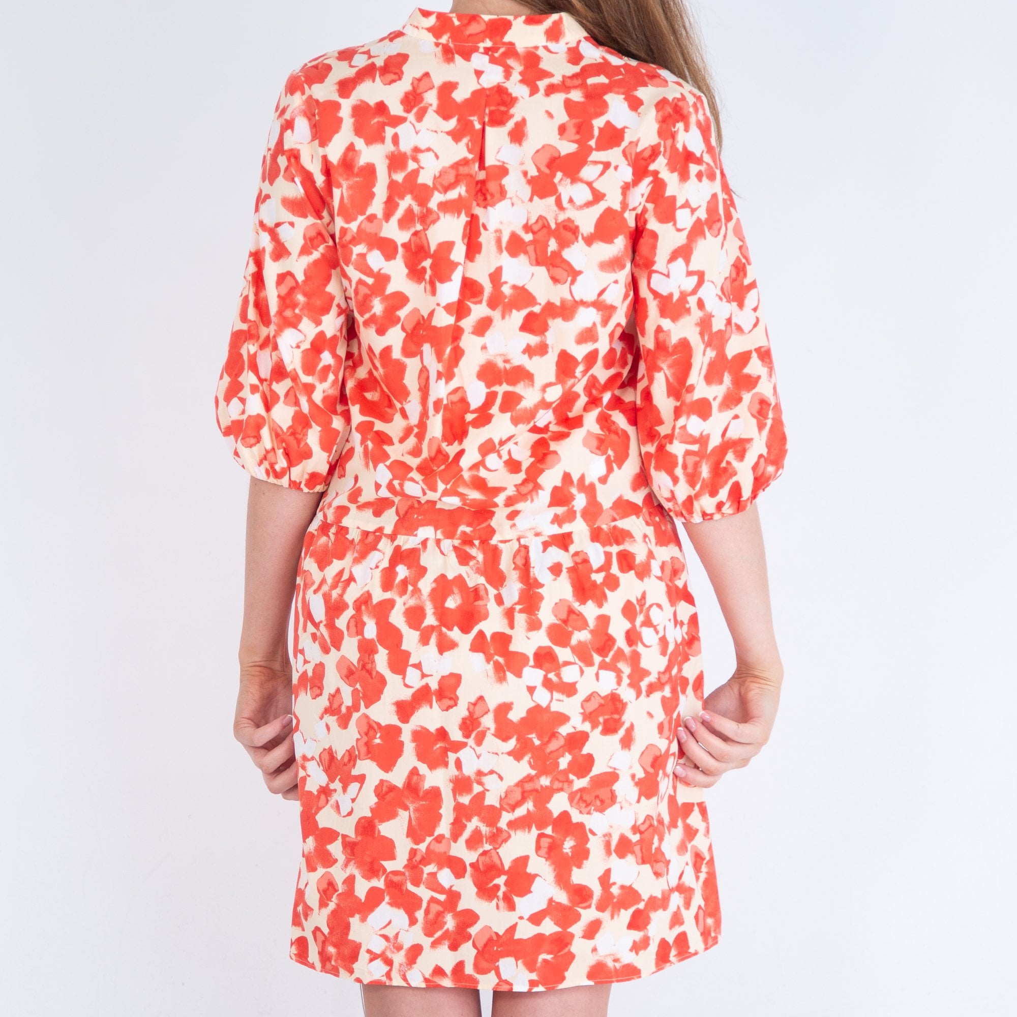 Marc Cain Poppy Print Nehru Collar Tiered Dress Coral/cream