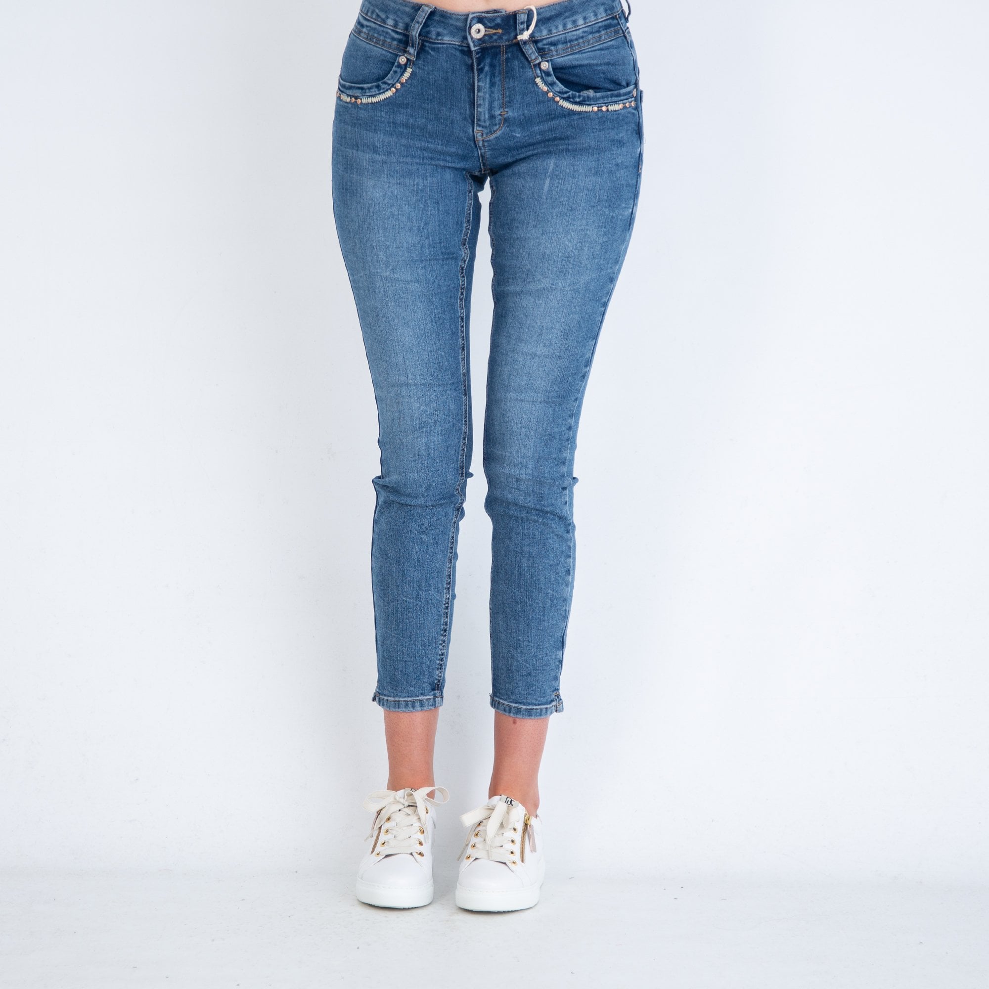 Red Button Sissy Skinny Crop Jean With Ankle Split & Embroidery Denim