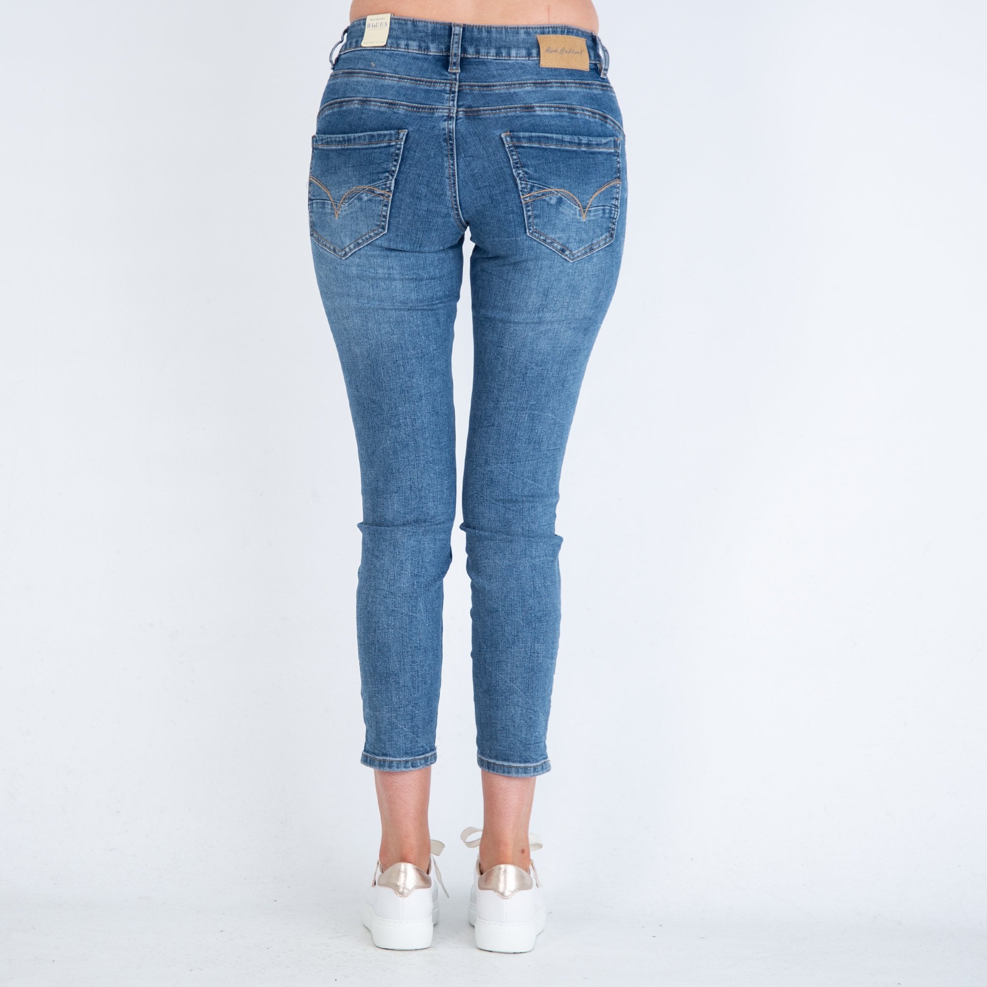Red Button Sissy Skinny Crop Jean With Ankle Split & Embroidery Denim