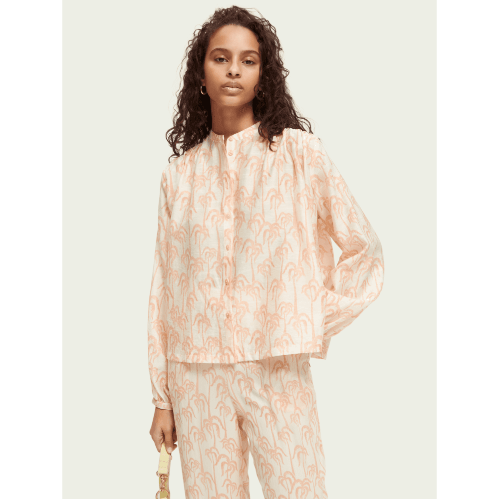 Scotch & Soda Palm Tree Print Boxy Nehru Collar Blouse Cream/peach