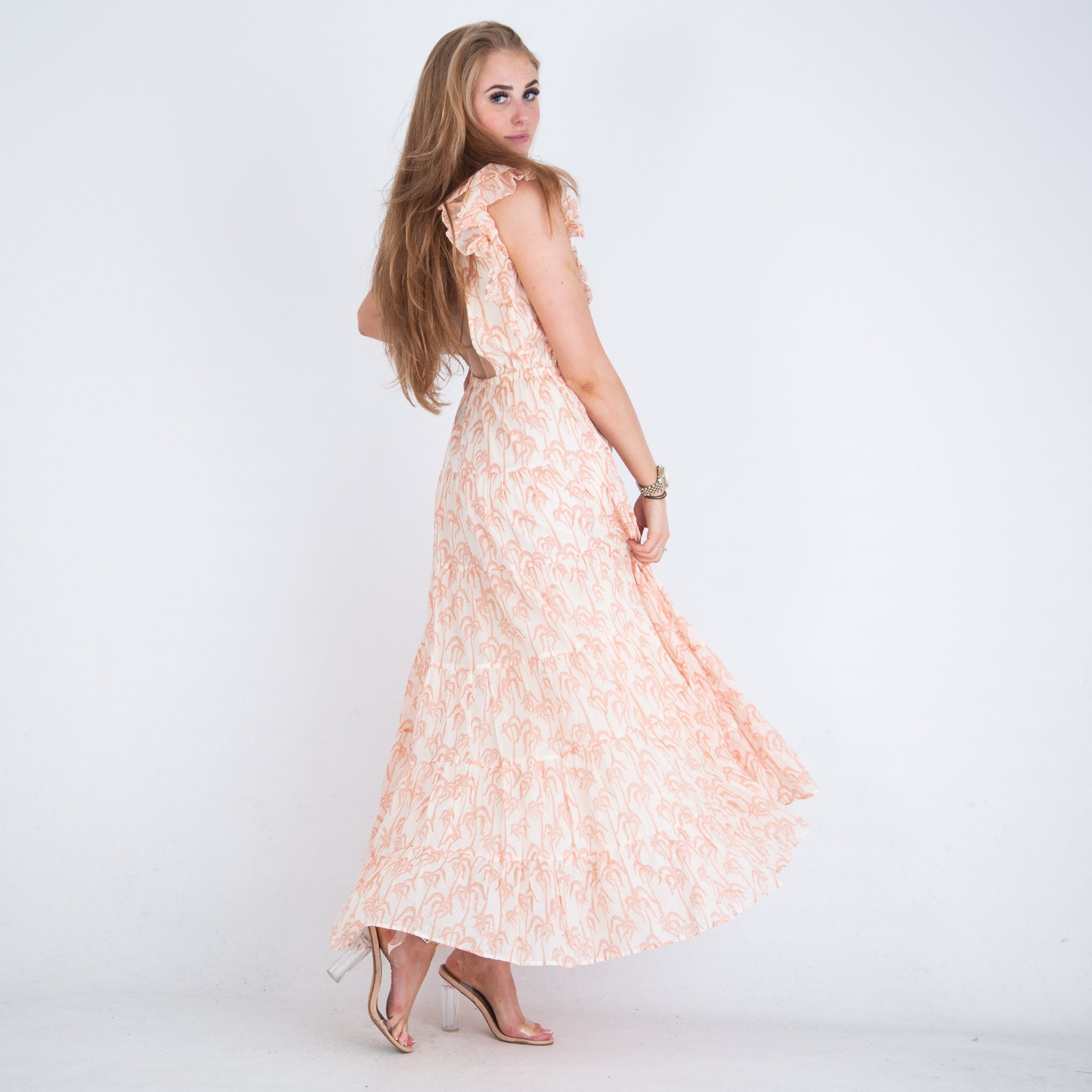 Scotch & Soda Open Tie Back Palm Tree Print Tiered Dress Cream/peach