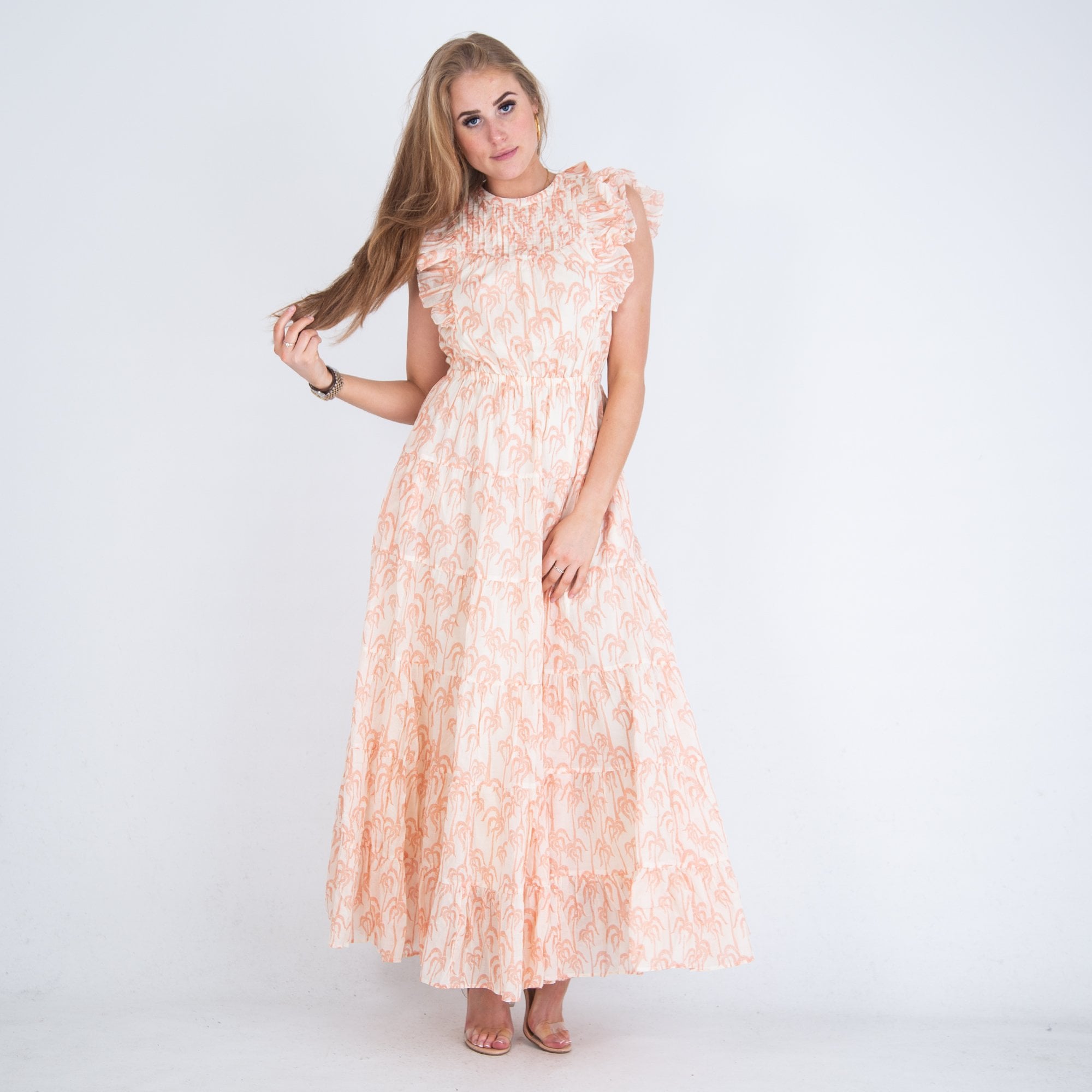 Scotch & Soda Open Tie Back Palm Tree Print Tiered Dress Cream/peach