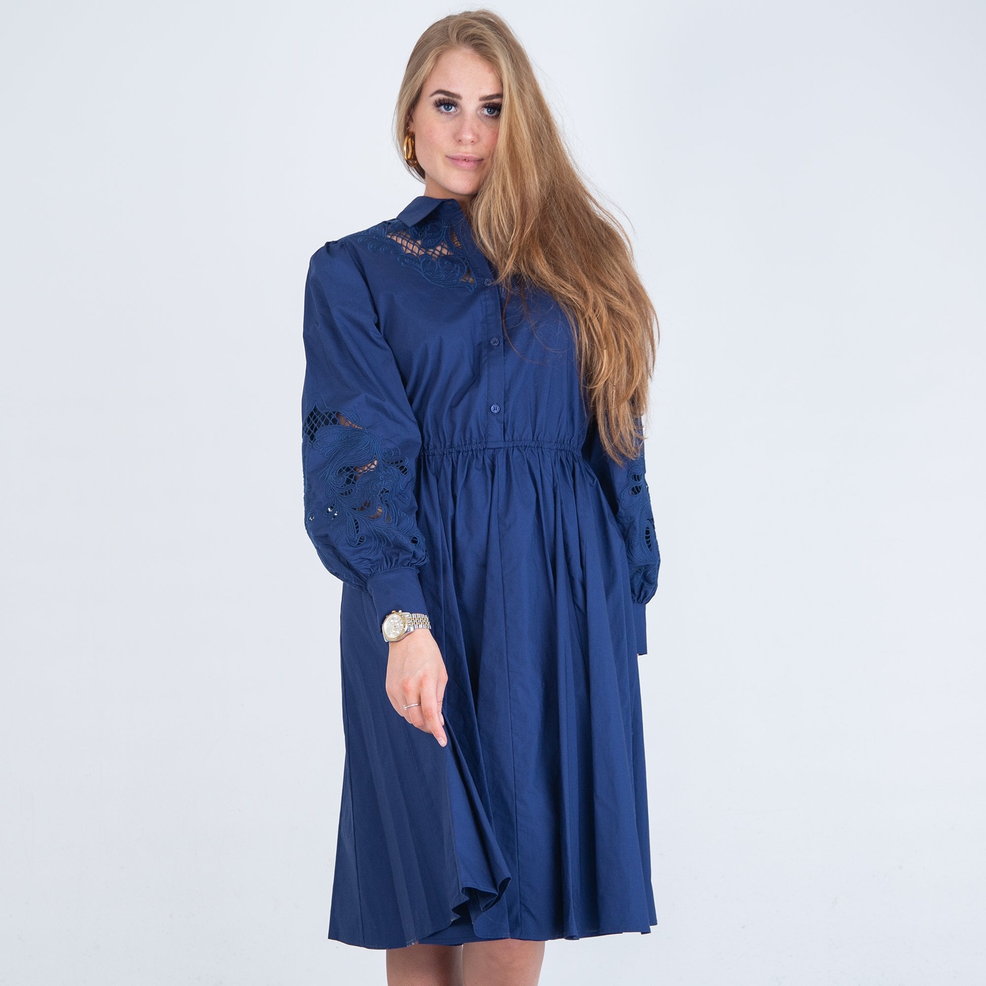 Riani Cutwork Gathered Waist Skater Shirt Dress Navy