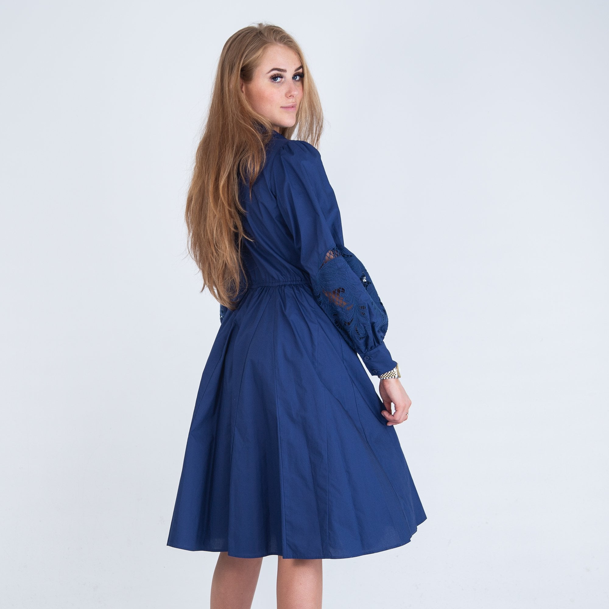 Riani Cutwork Gathered Waist Skater Shirt Dress Navy