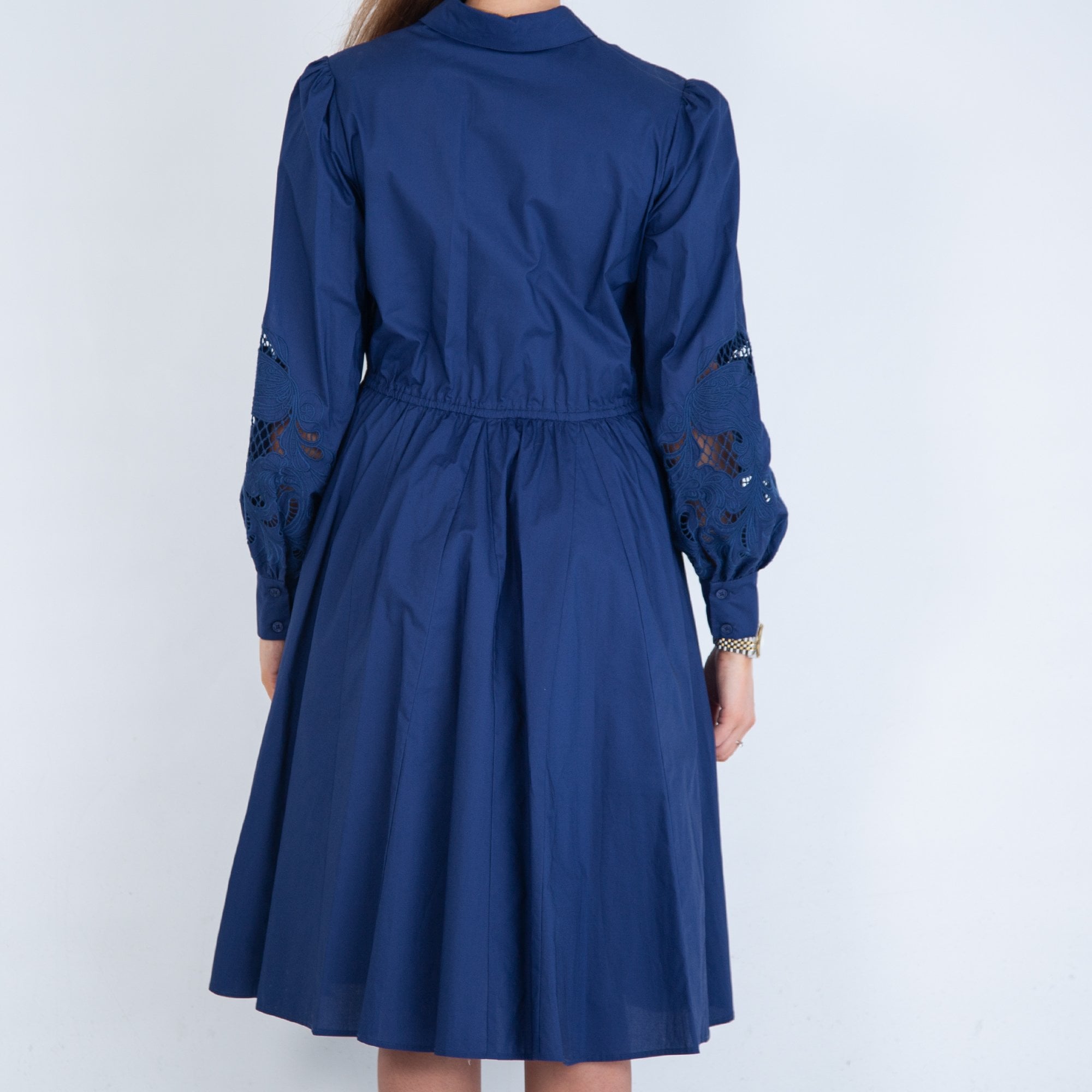 Riani Cutwork Gathered Waist Skater Shirt Dress Navy