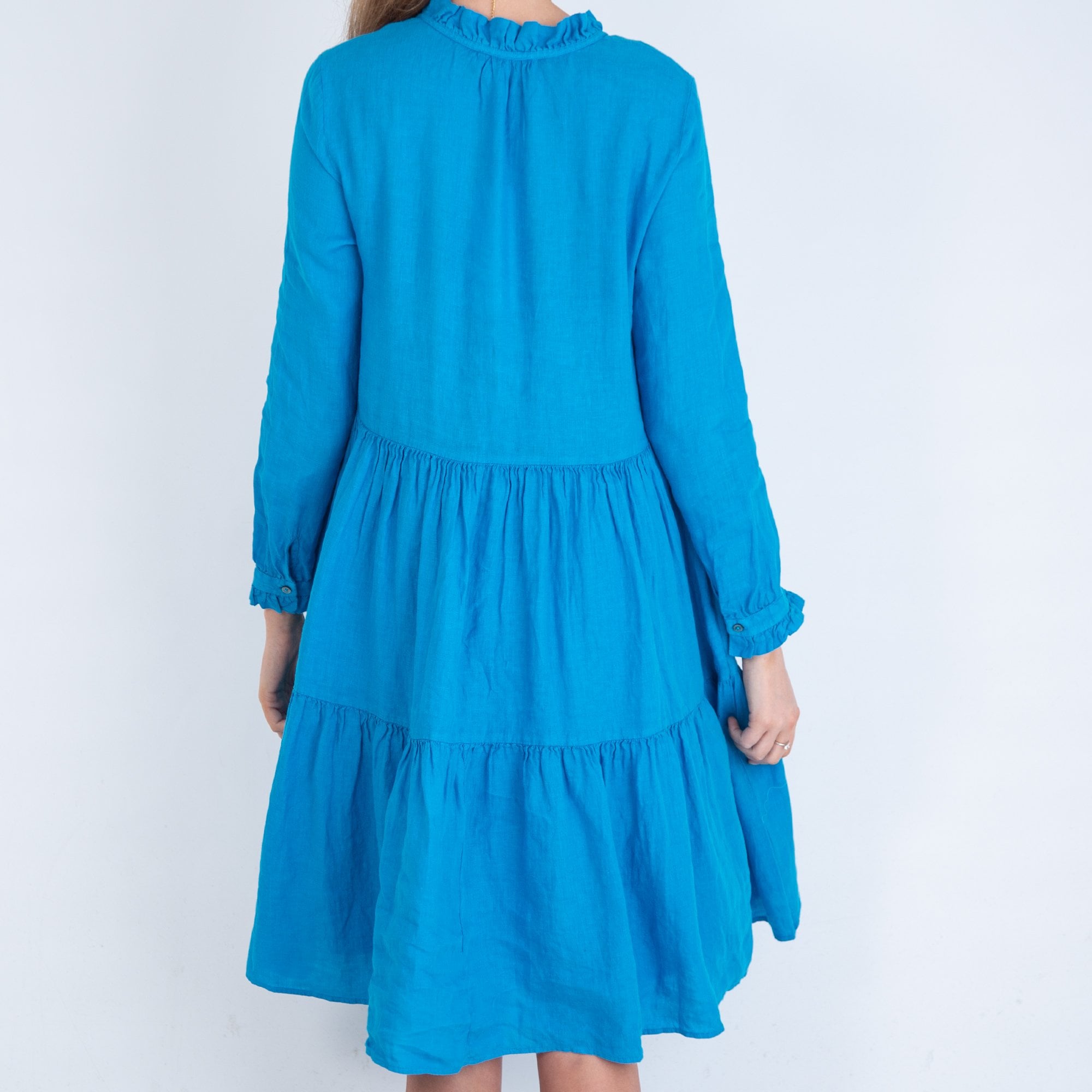 0039 Italy Ruffle Tie Neck Tiered Linen Dress Azure Blue