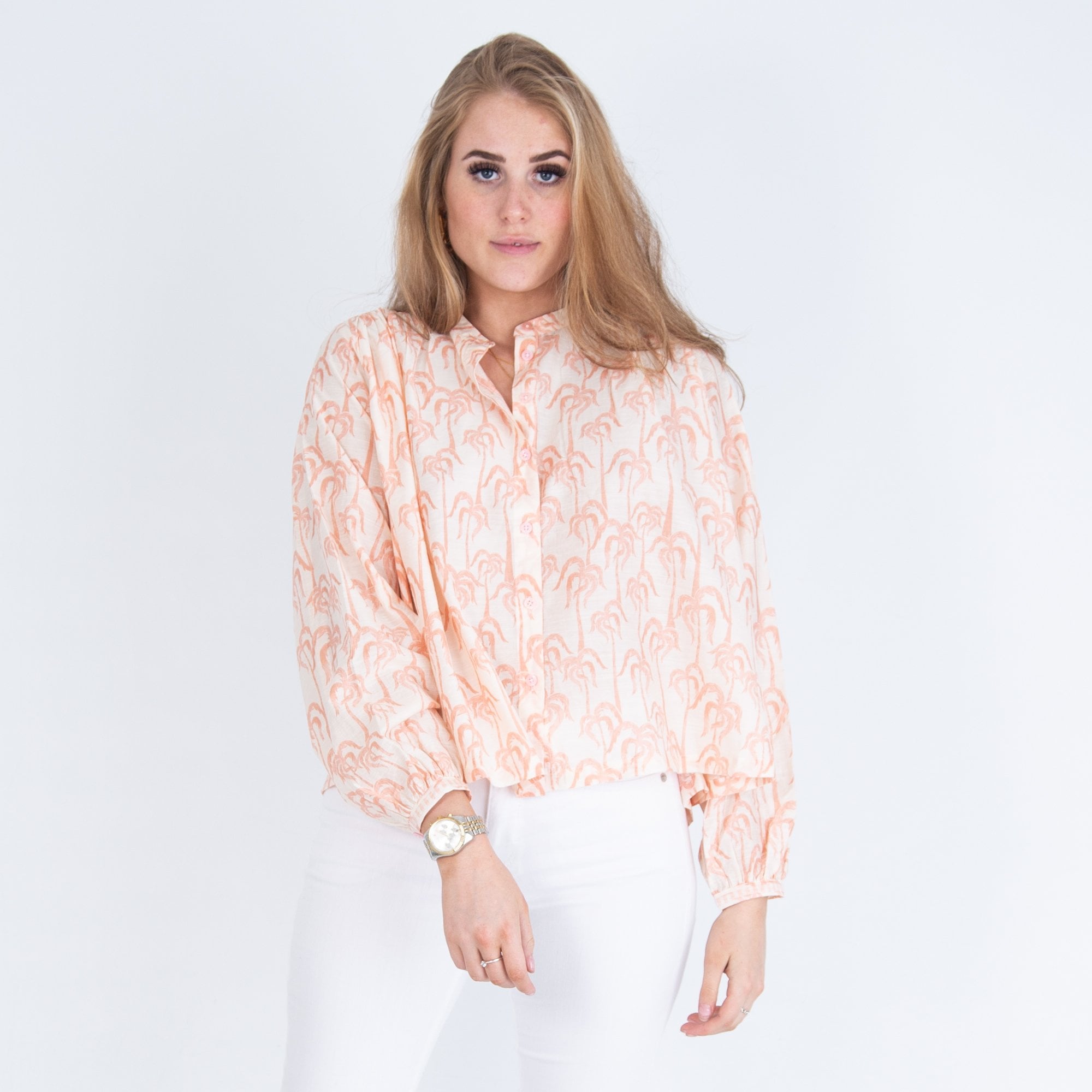 Scotch & Soda Palm Tree Print Boxy Nehru Collar Blouse Cream/peach