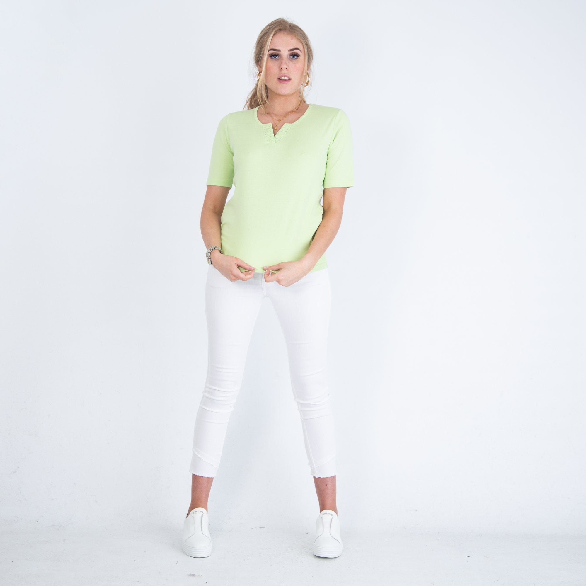 Sunday Split Neck Diamonte Trim T Shirt Lime