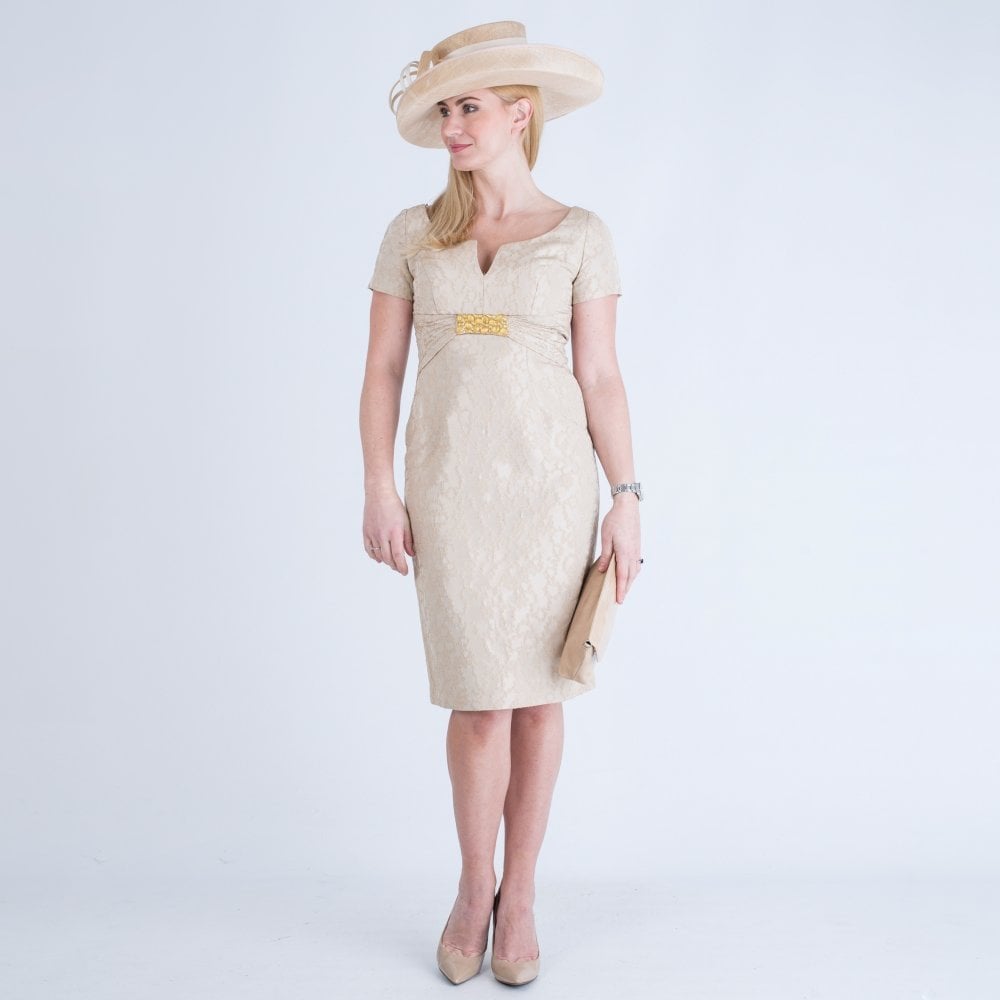 John Charles Cap Sleeve Embroidered Dress With Jacket Gold