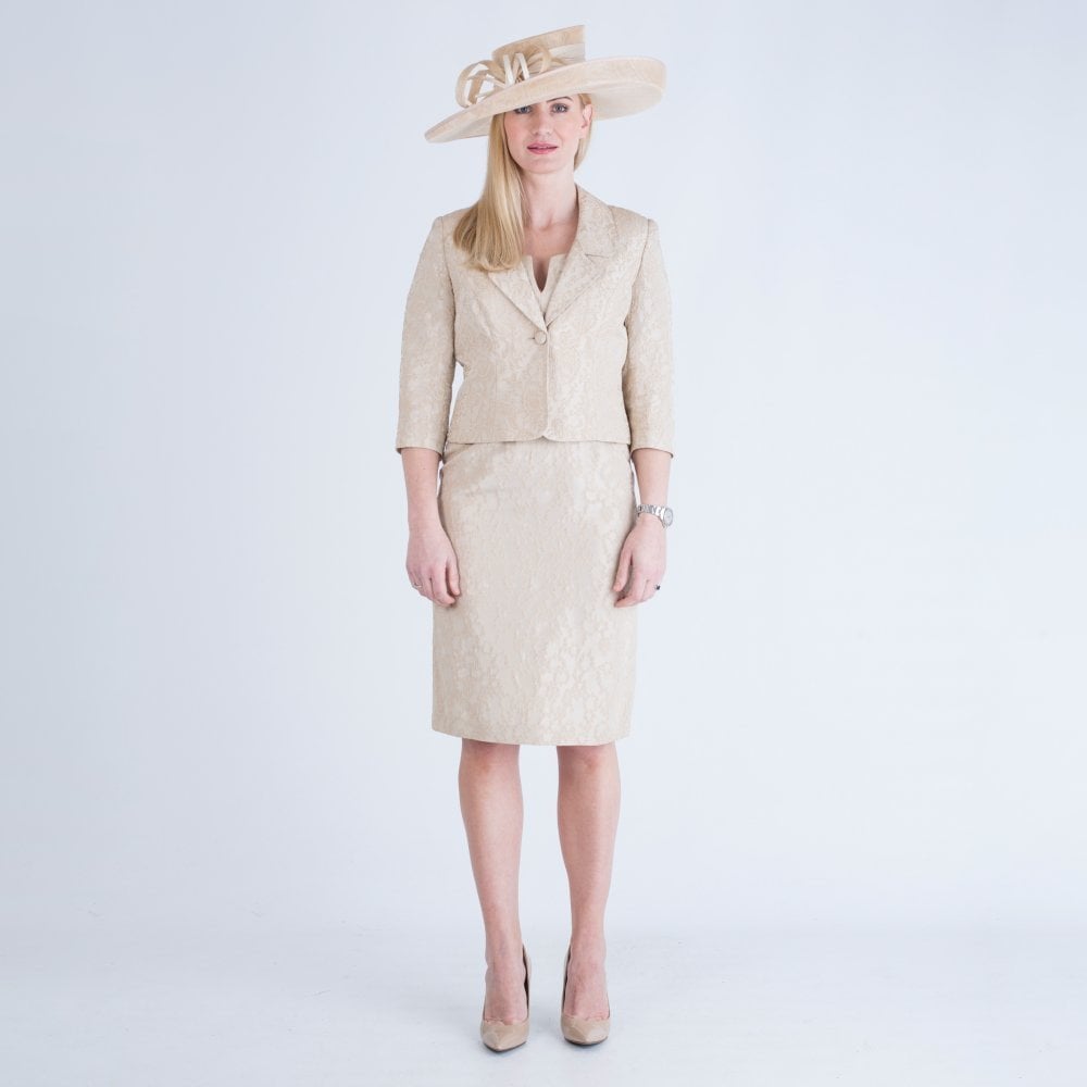John Charles Cap Sleeve Embroidered Dress With Jacket Gold