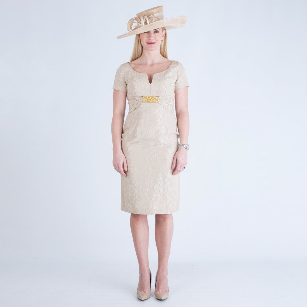 John Charles Cap Sleeve Embroidered Dress With Jacket Gold