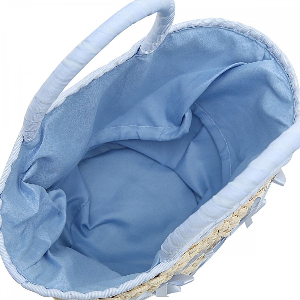 Sister PAC Straw Handbag With Blue Ribbon Natural/baby Blue