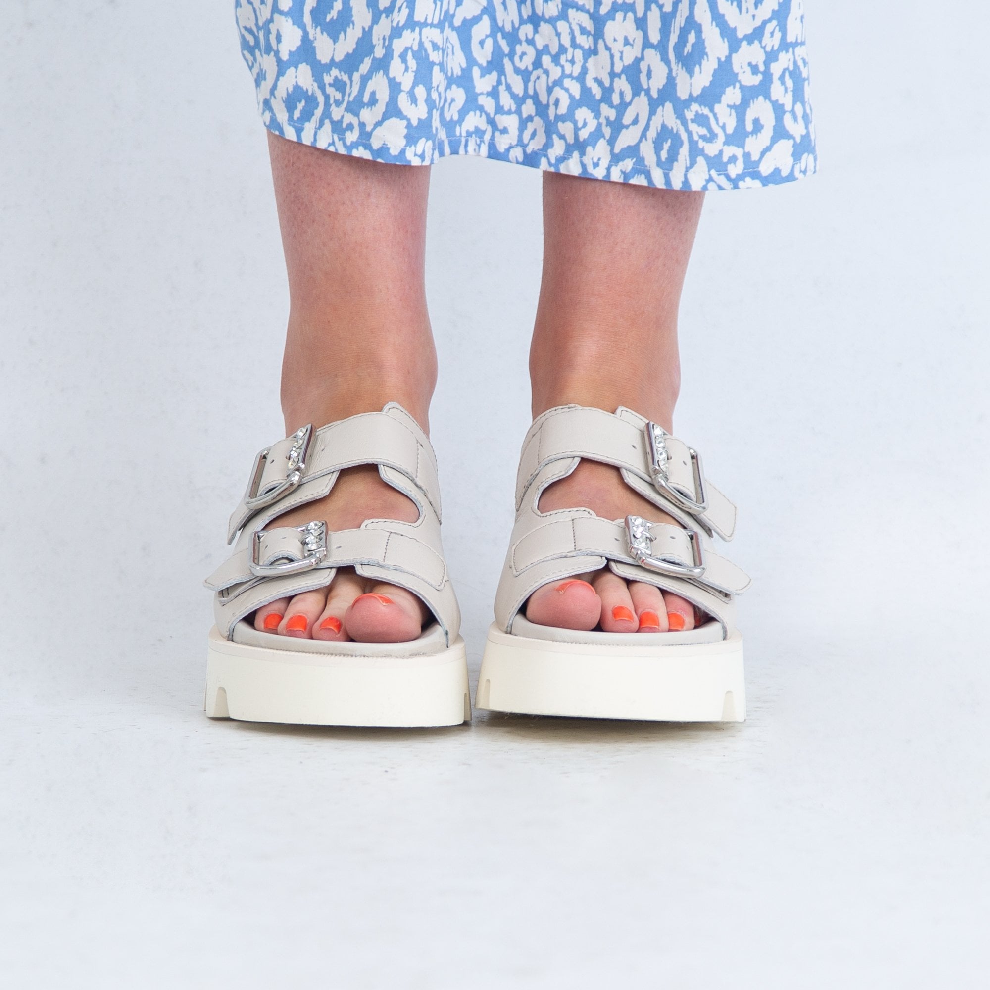 Alpe Leather Arizona Sandal With Diamante Buckles Off White