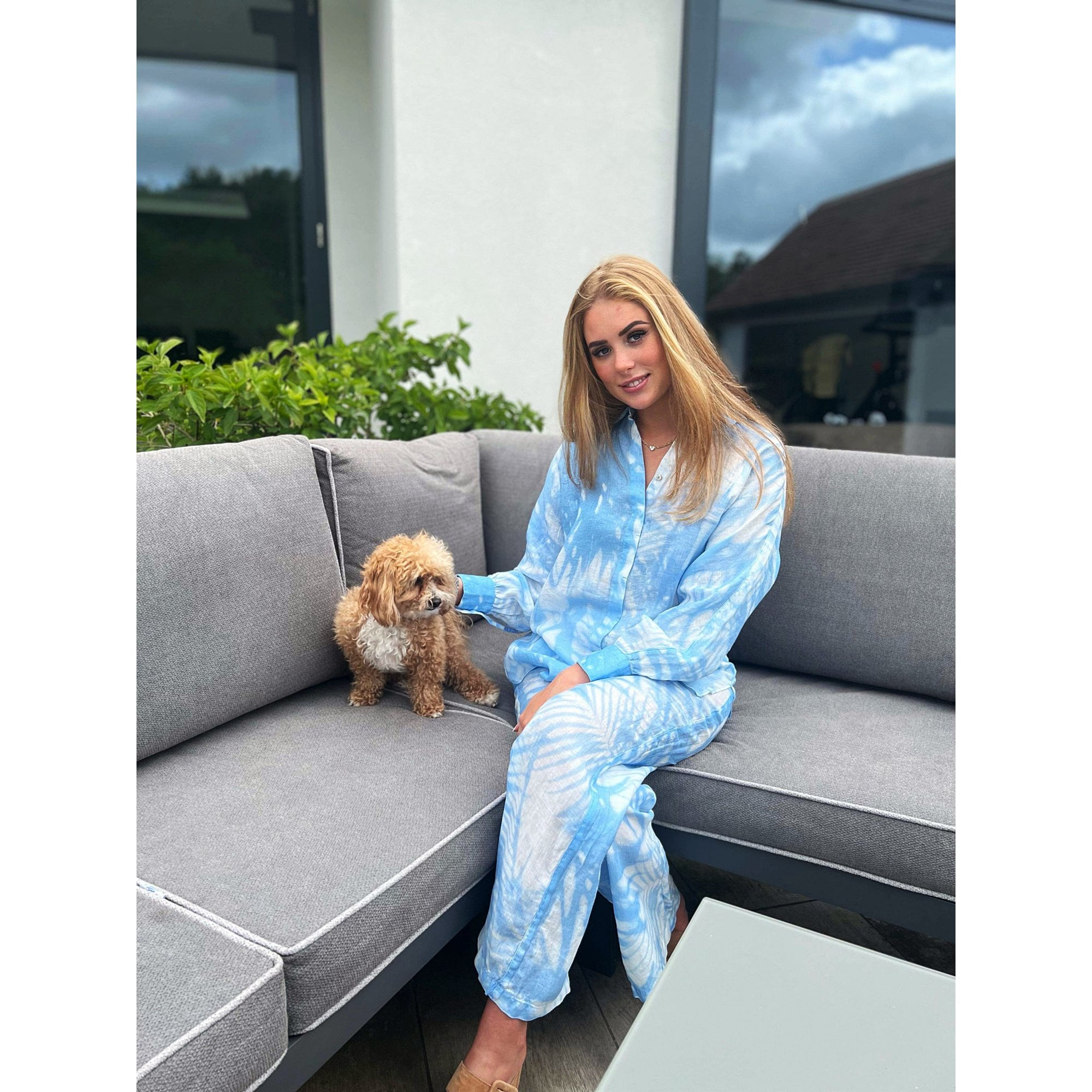 120% Lino Faded Palm Tree Print Oversized Linen Shirt Blue/white