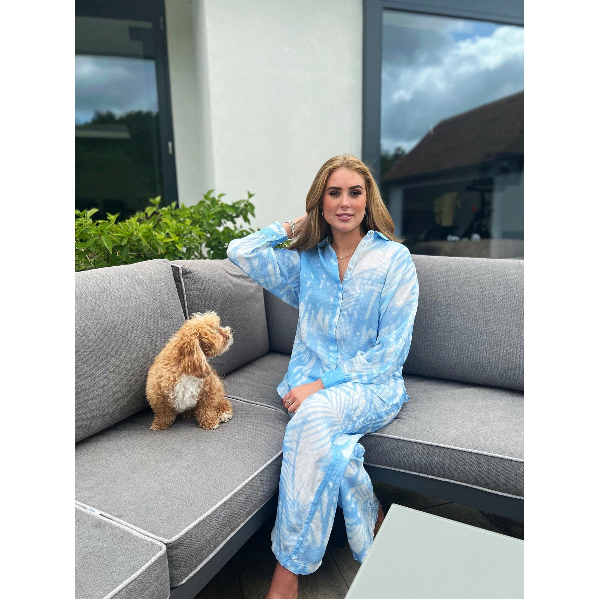 120% Lino Faded Palm Tree Print Oversized Linen Shirt Blue/white