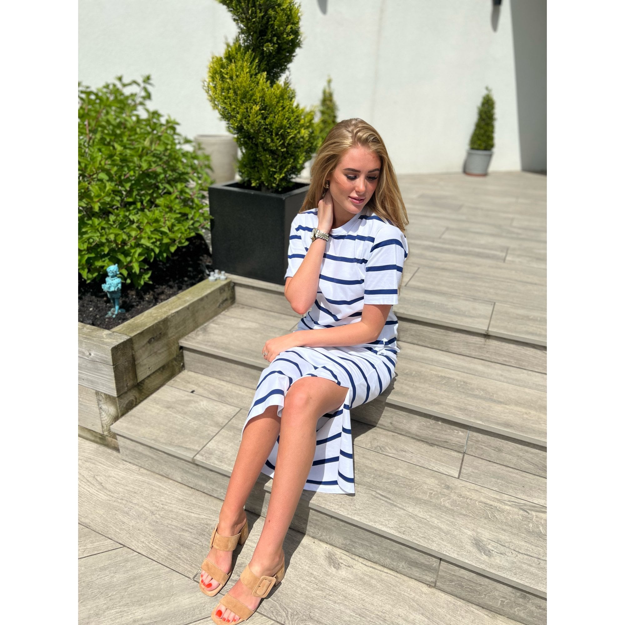 Riani Short Sleeve Long Stripe Jersey Dress White/navy