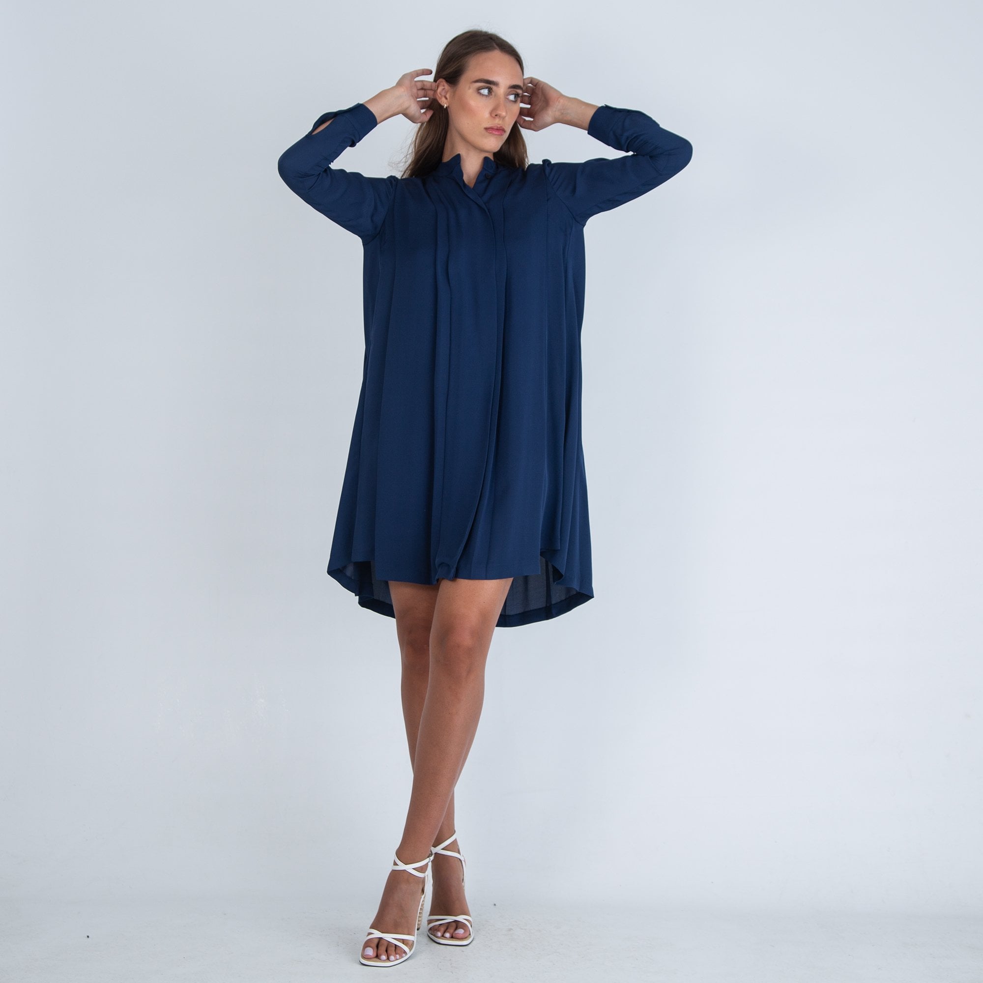 Michael Kors Patch Pocket Nero Collar Silk Belted Dress Navy