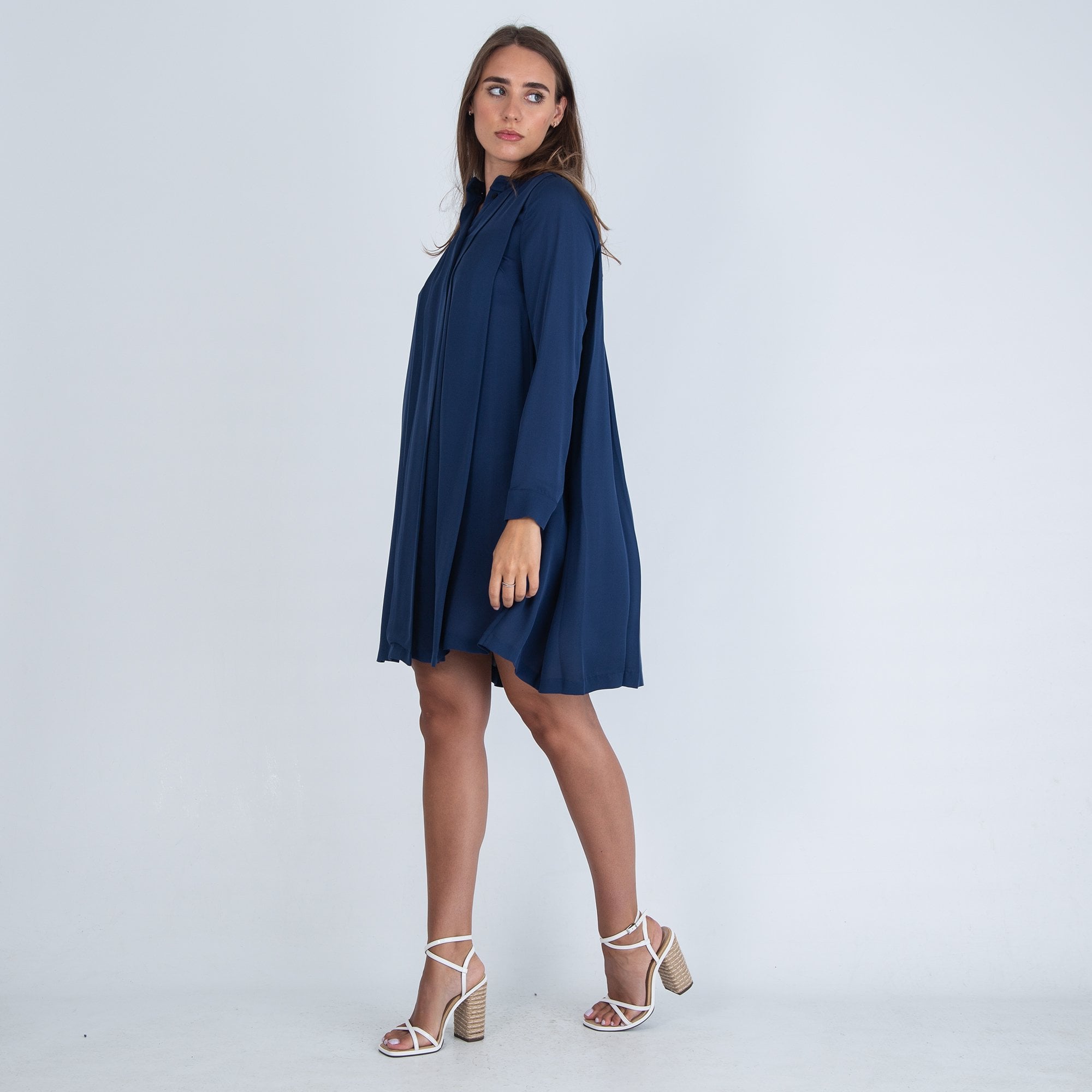 Michael Kors Patch Pocket Nero Collar Silk Belted Dress Navy