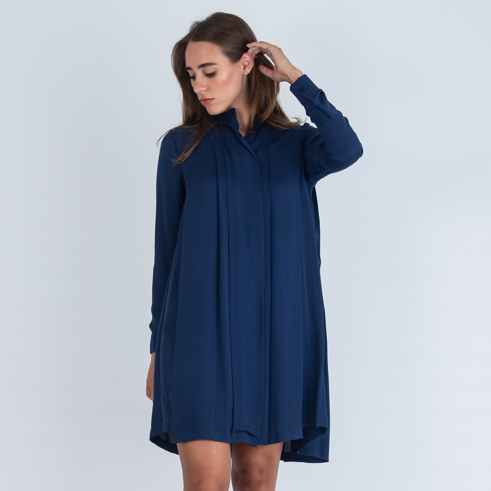 Michael Kors Patch Pocket Nero Collar Silk Belted Dress Navy